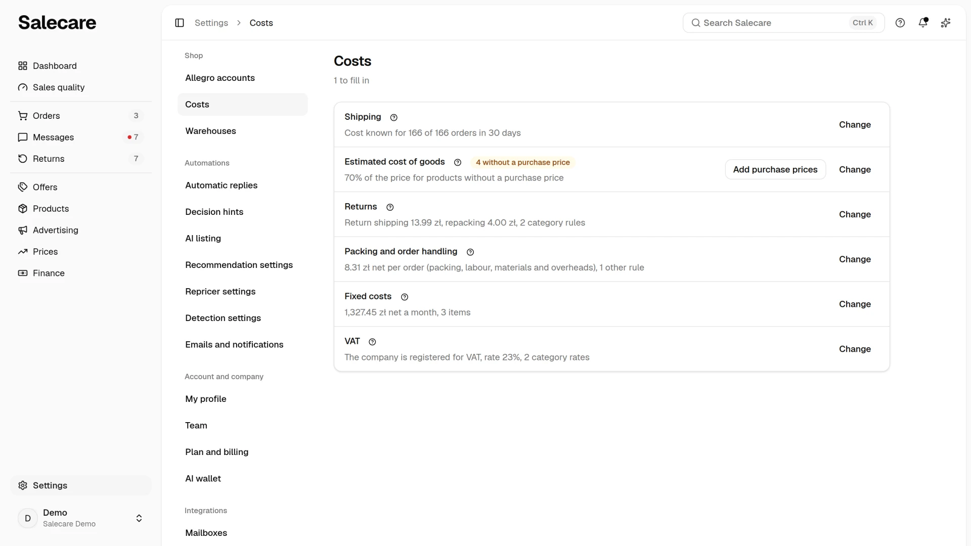 The Costs page with its cost rows
