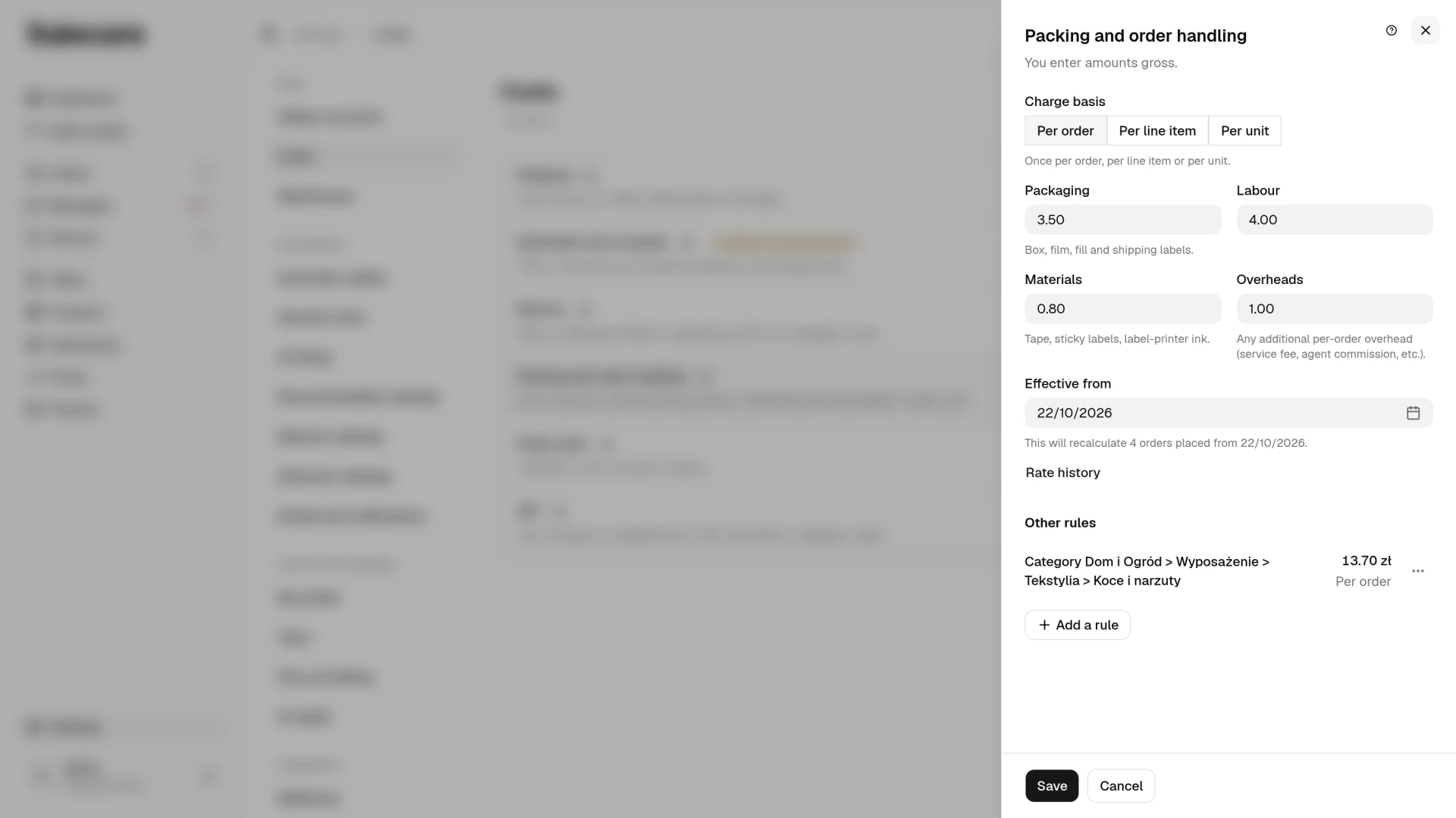 The Packing and order handling panel with the company-wide rule