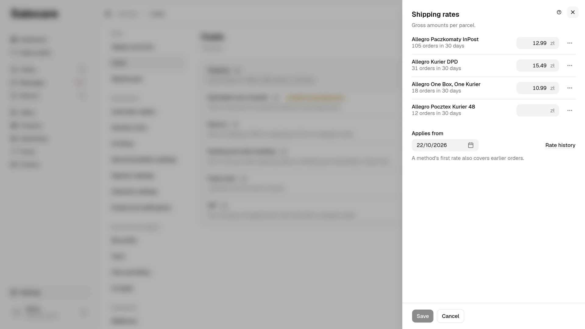 The Shipping rates panel with the delivery methods