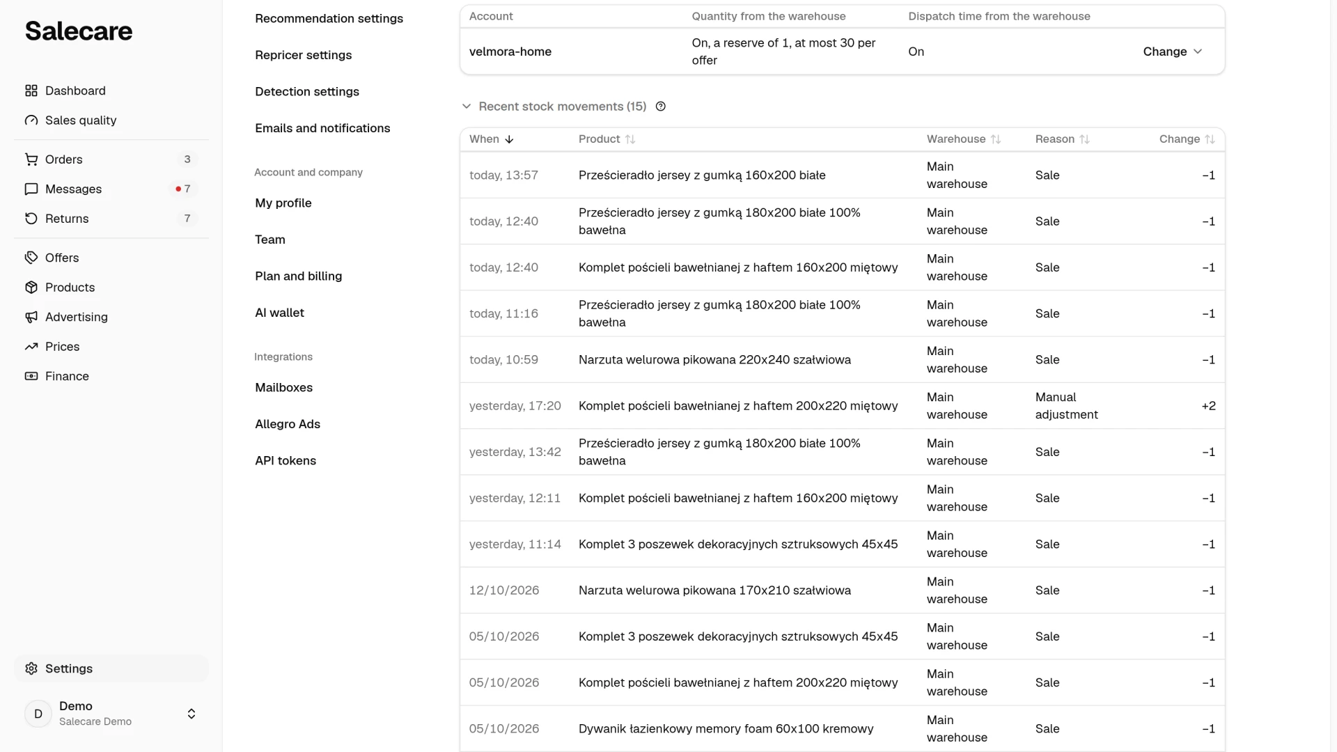 Recent stock movements unfolded under the list of warehouses