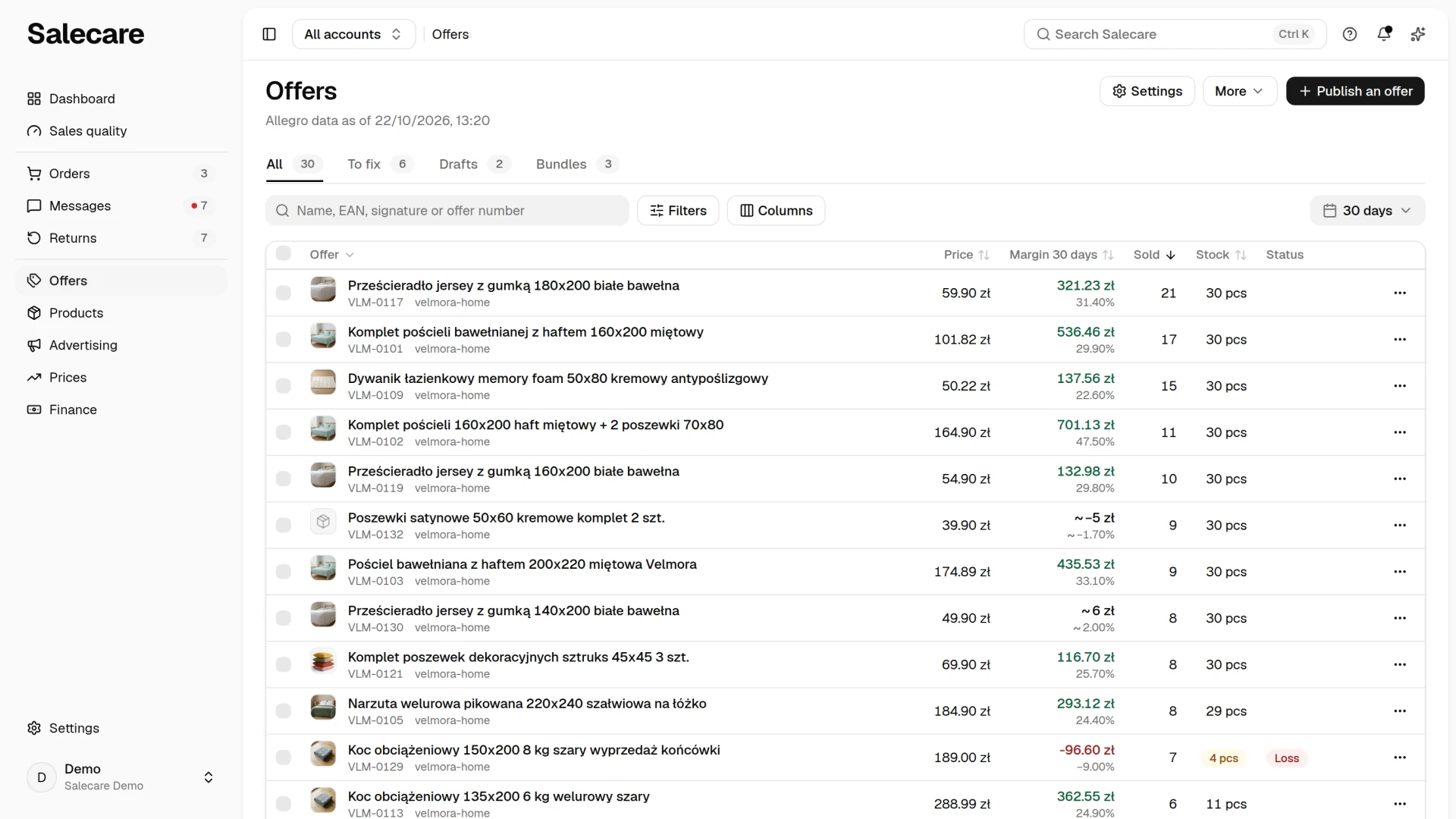 The Allegro offers page with the list of published offers, prices and sales
