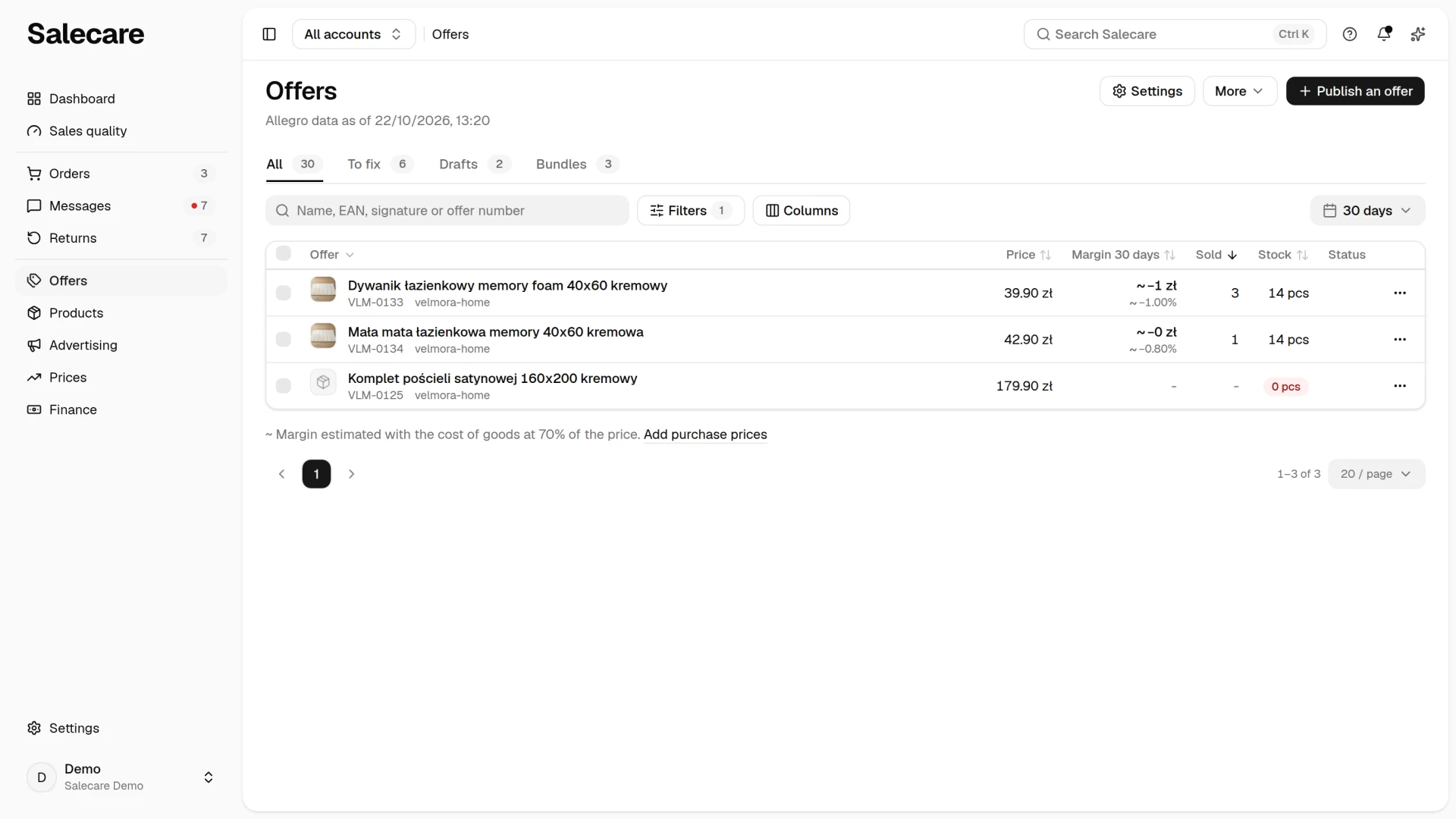 The offer list with the Product field set to "No product" and the note saying the margin is approximate