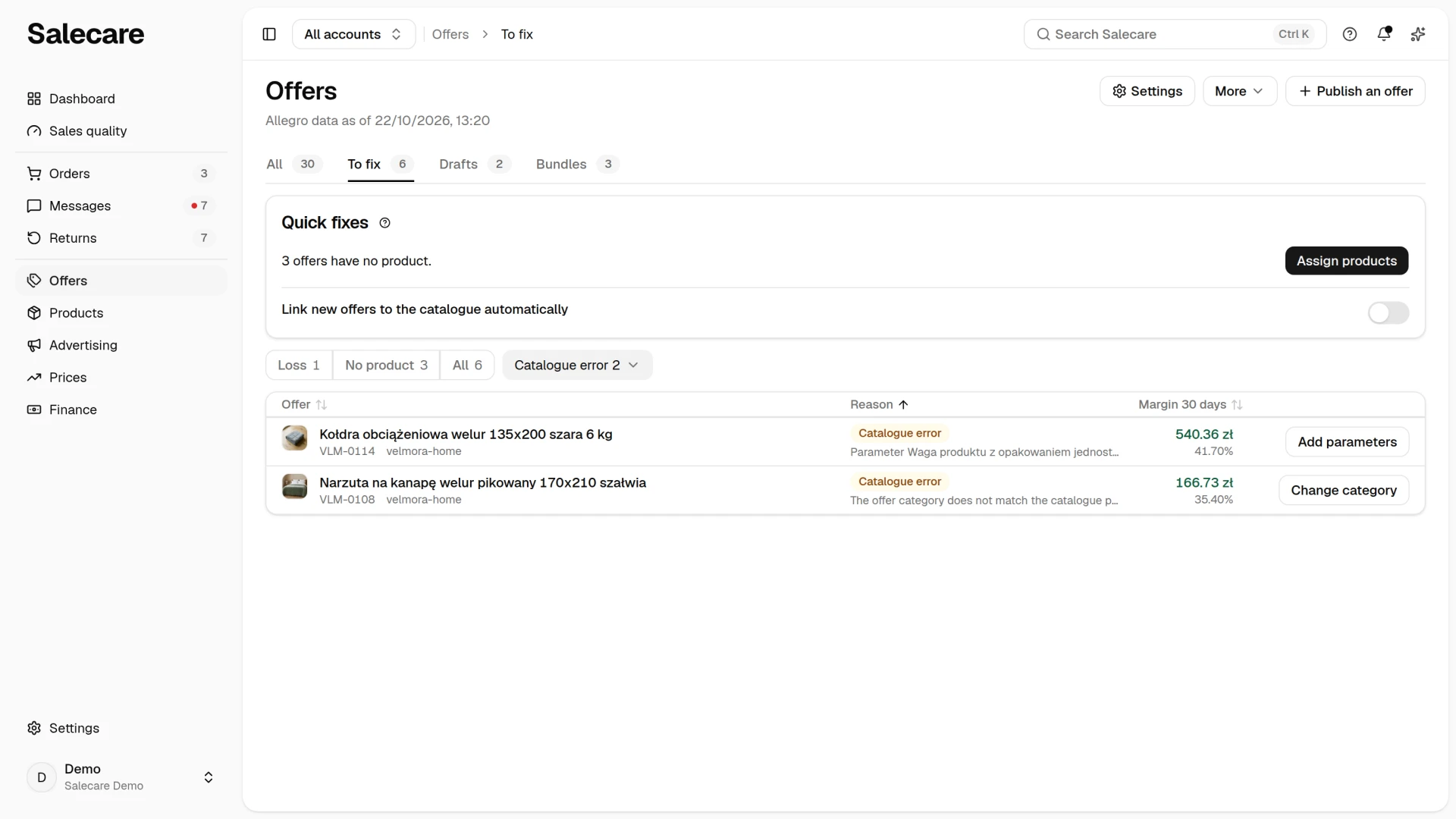 The To fix tab with the "Catalogue error" reason and the step buttons in the rows