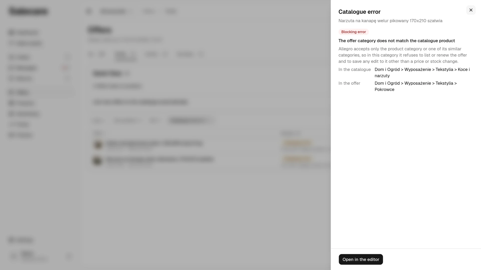 The "Catalogue error" panel with the category "In the catalogue" beside the category "In the offer" and the "Open in the editor" button