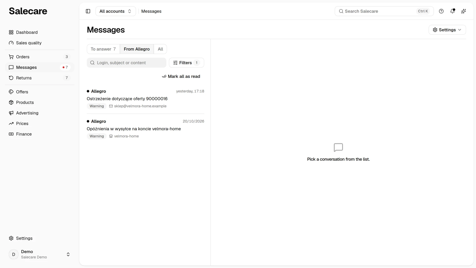 The "From Allegro" view on the Messages page