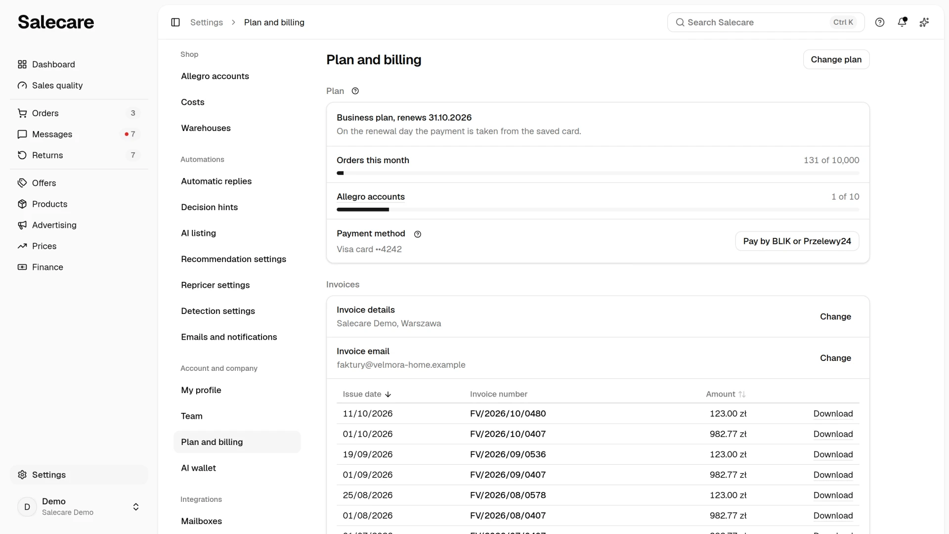 The "Plan and billing" page with the Plan group, the usage bars of orders and Allegro accounts and the payment row