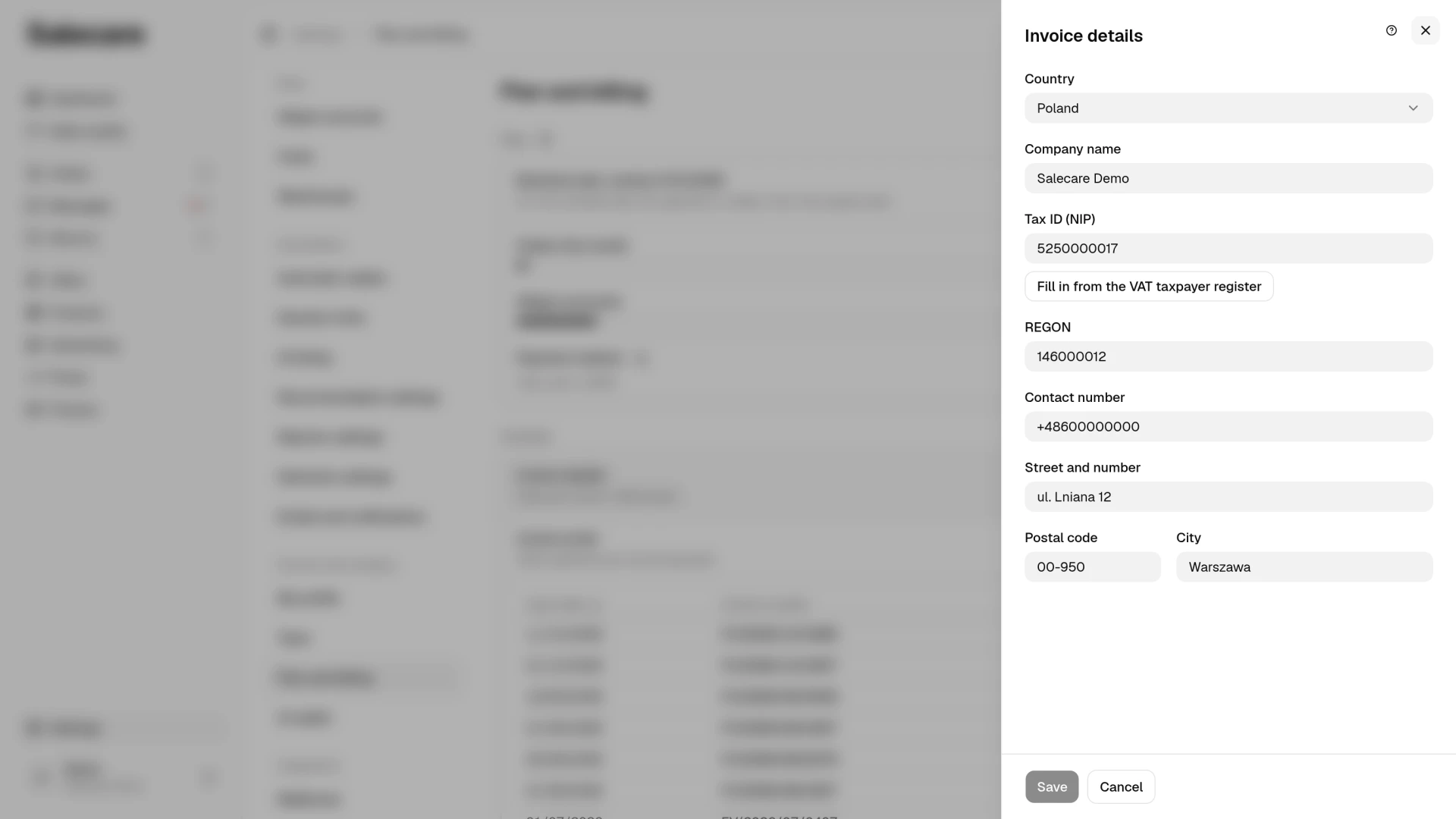 The Invoice details panel with the country, company name, tax number, contact number and address