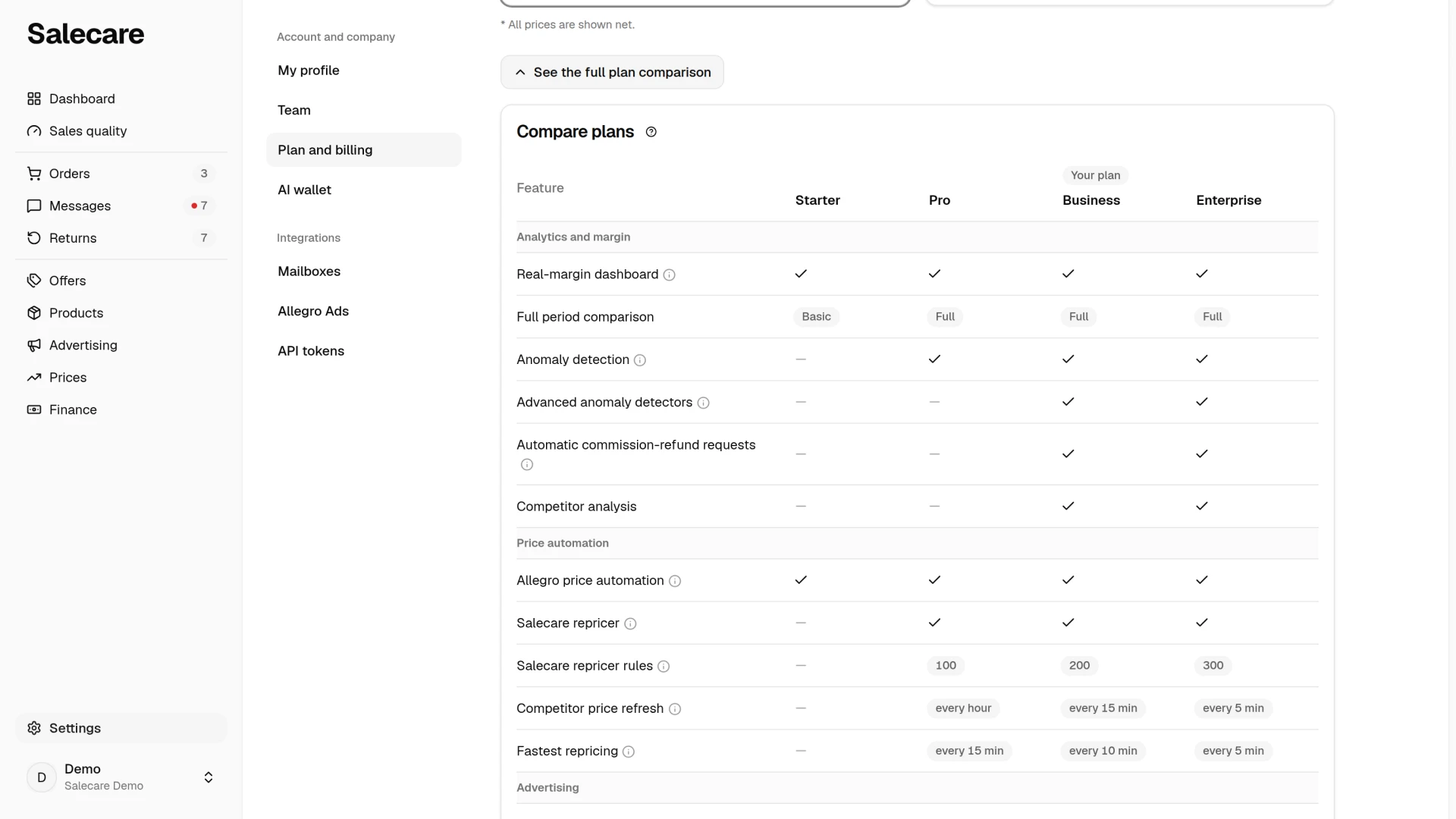 Comparison of the Starter, Pro, Business and Enterprise plans with the company's plan marked
