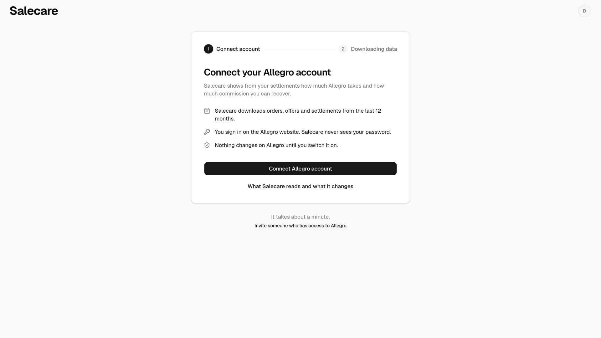 The "Connect your Allegro account" page with the button and the "What Salecare reads and what it changes" link