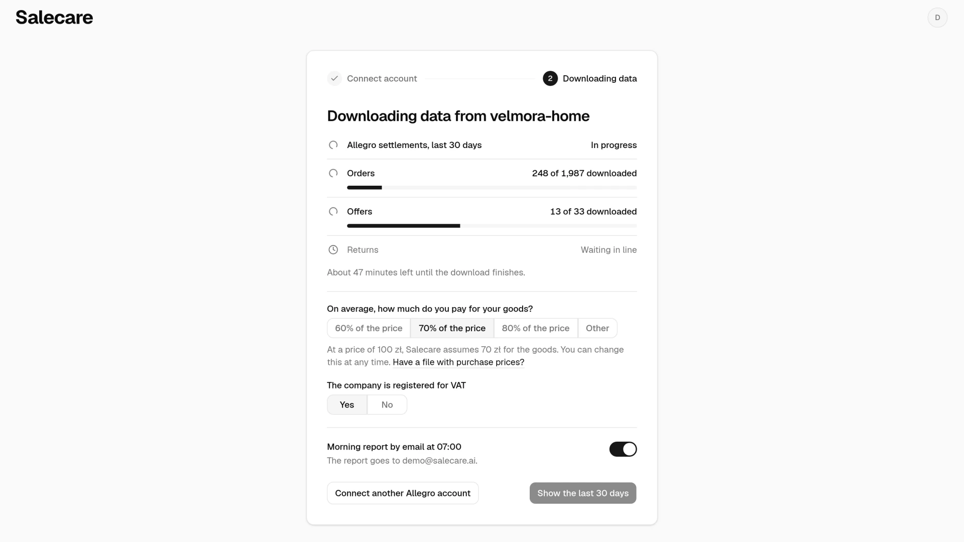 The Downloading data page with the four download rows, the questions and the morning report switch