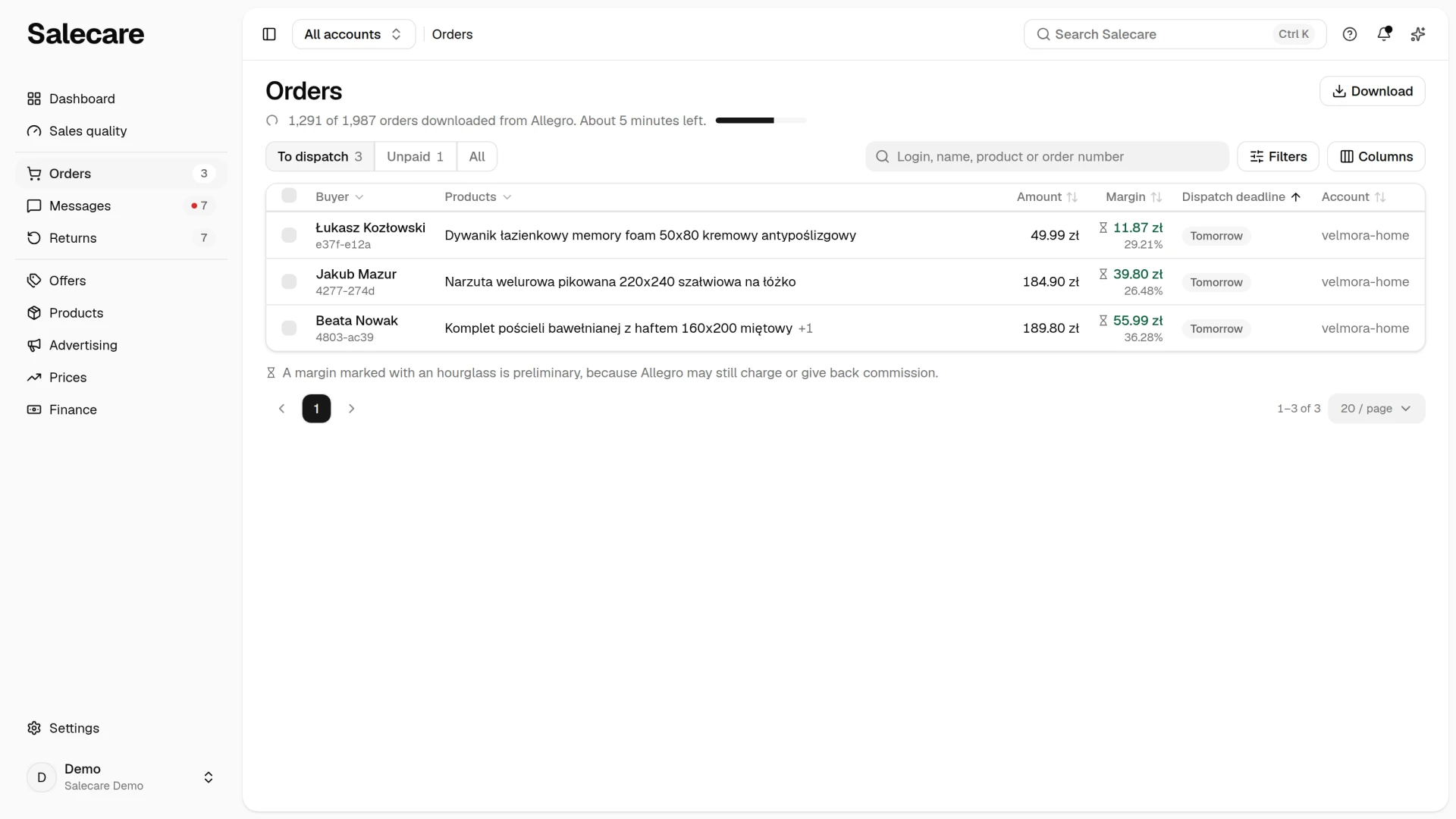 The Orders list during the download with the counter of downloaded orders under the page title