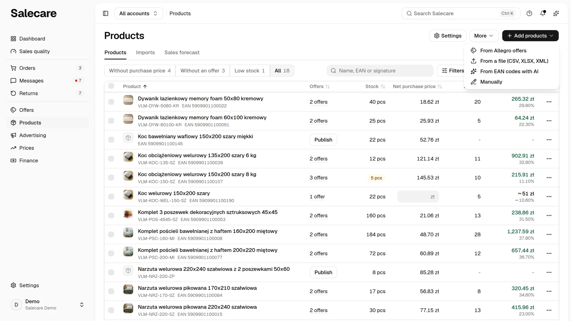 The product list with the quick filters, the table and the Add products menu