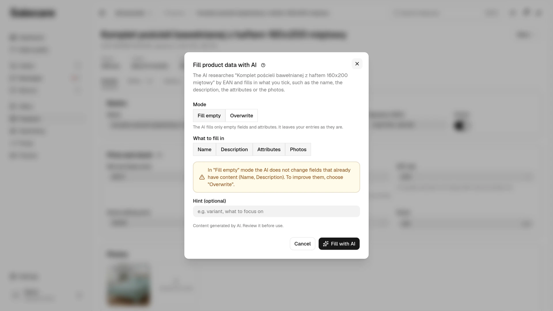The "Fill product data with AI" dialog with the "Fill empty" and "Overwrite" modes