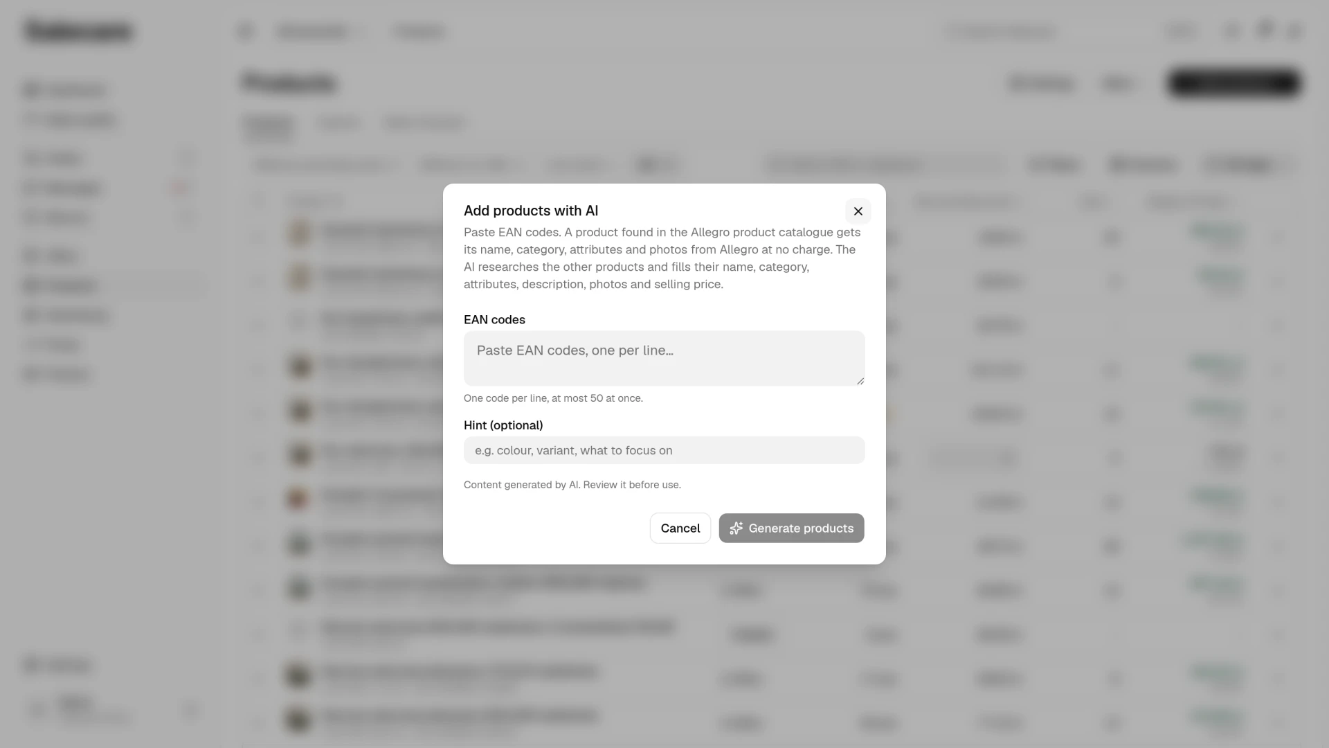 The "Add products with AI" dialog with the field for EAN codes and a hint