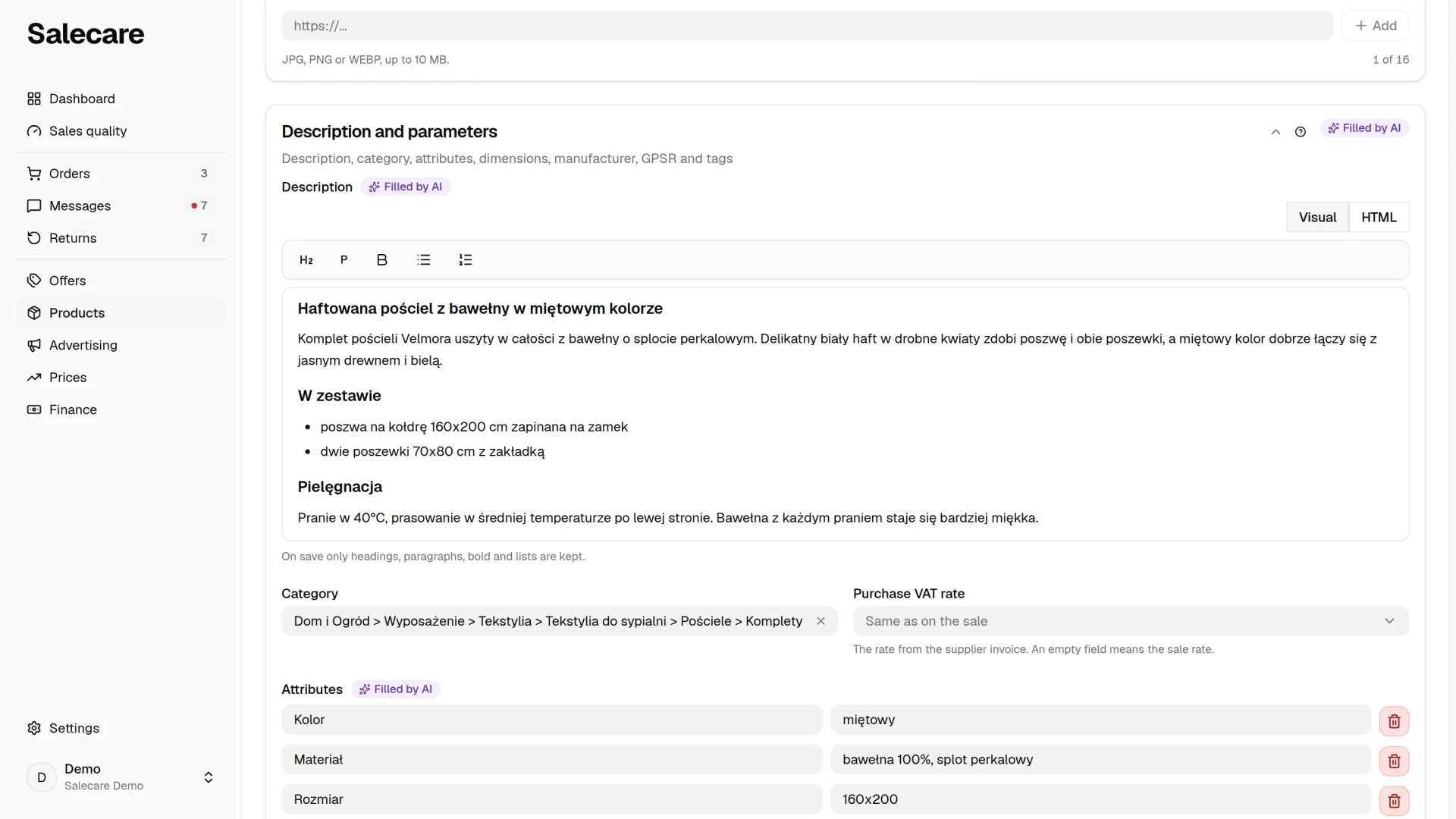 A product description filled in by the AI in the editor, alongside the rest of the card's fields
