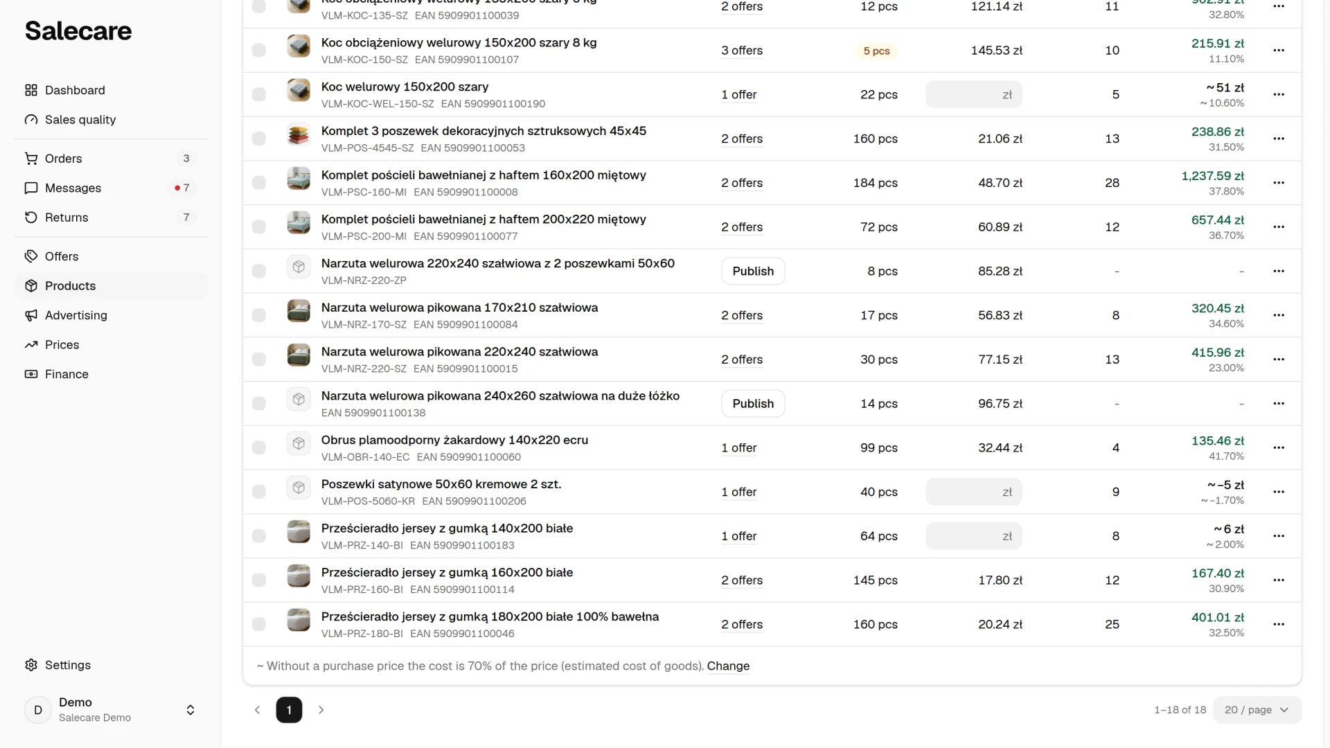 The product list with names, categories, EAN codes and stock levels