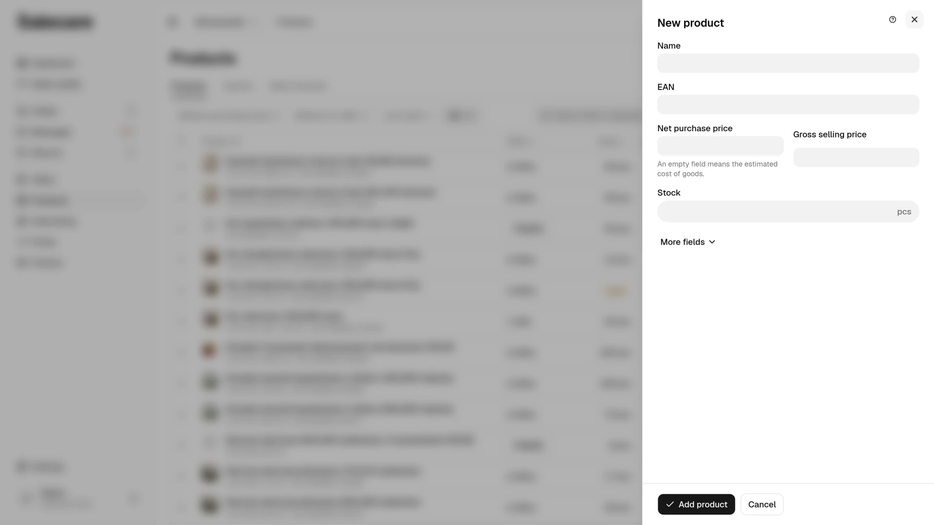 The New product panel with Name, EAN, Purchase price, Gross selling price and Stock