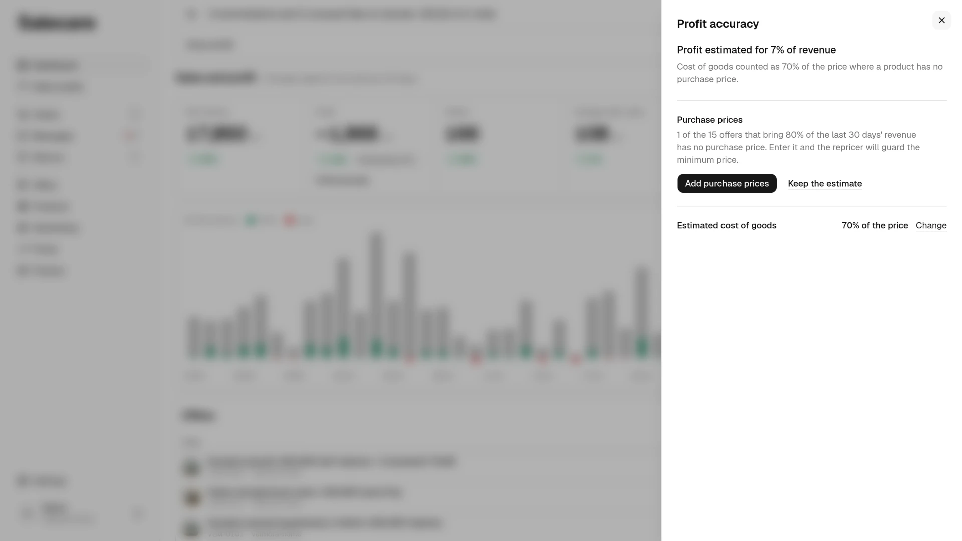 The Profit accuracy panel with the Purchase prices and Estimated cost of goods rows