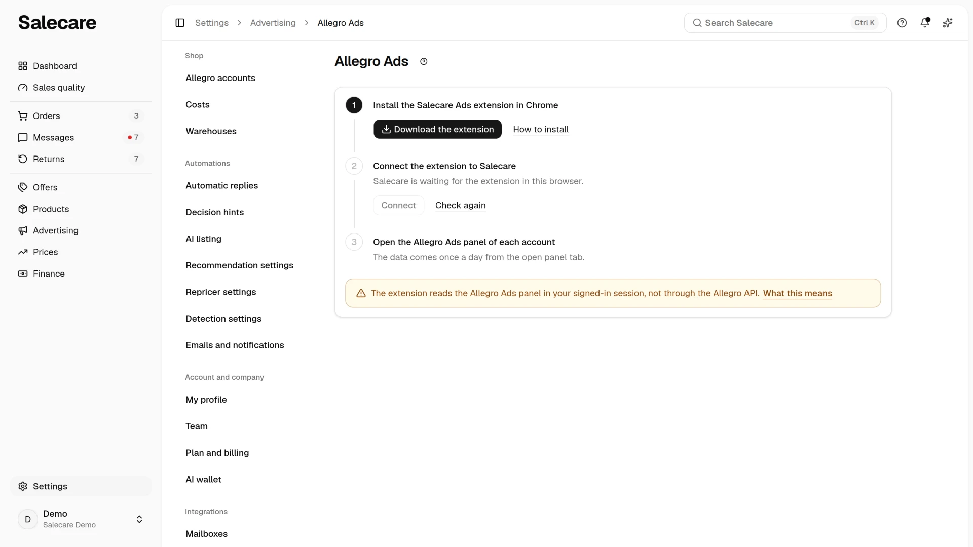 The Allegro Ads page in Settings with three steps and the warning about how the data is read