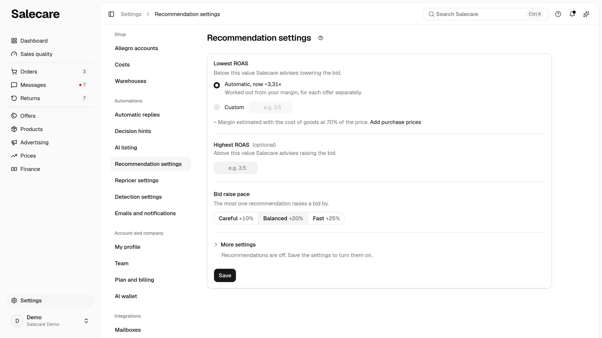 The Recommendation settings page with the lowest and highest ROAS and the bid raise pace