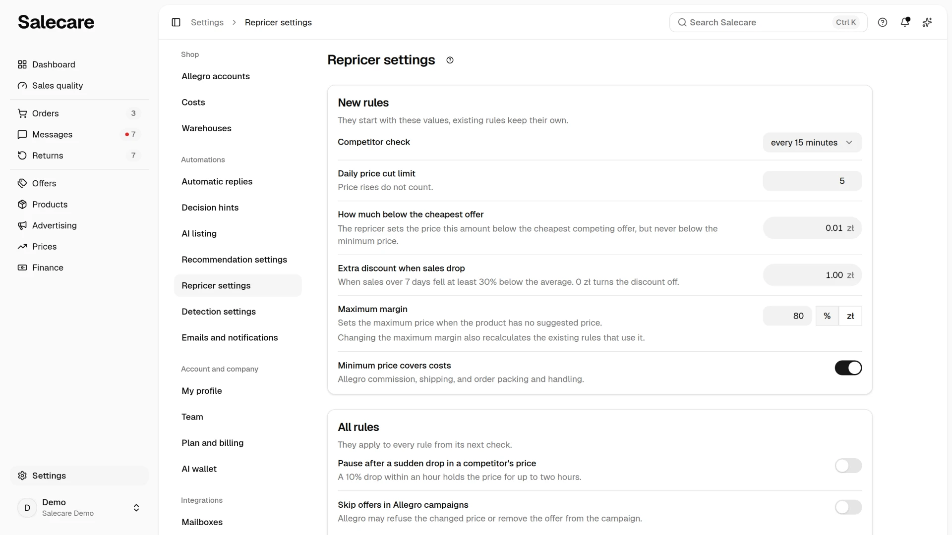 The Repricer settings page with the starting values of new rules and the list of sellers excluded from the comparison
