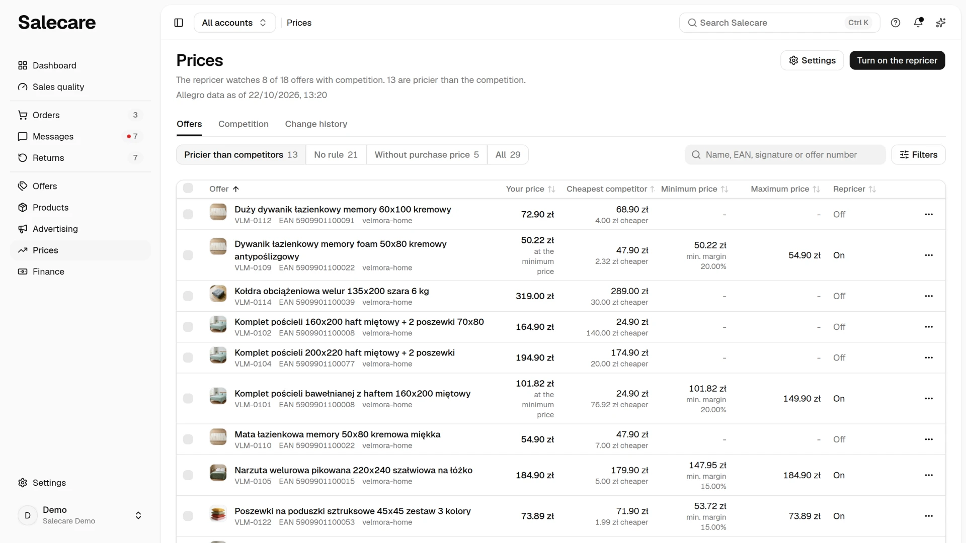 The Offers tab of Prices with the views above the list and the Cheapest competitor and Repricer columns
