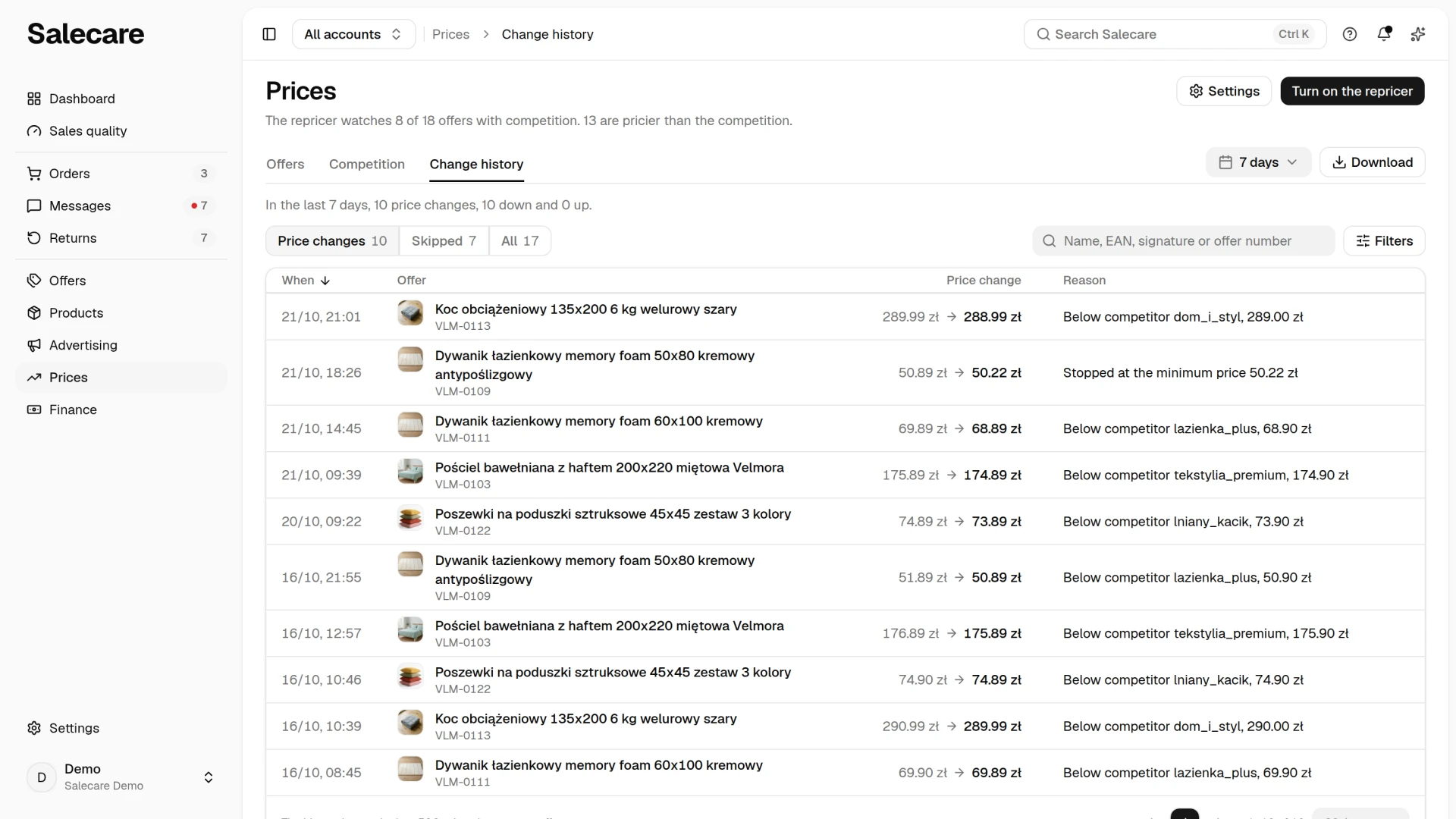 The Change history tab in Prices with the list of repricer checks