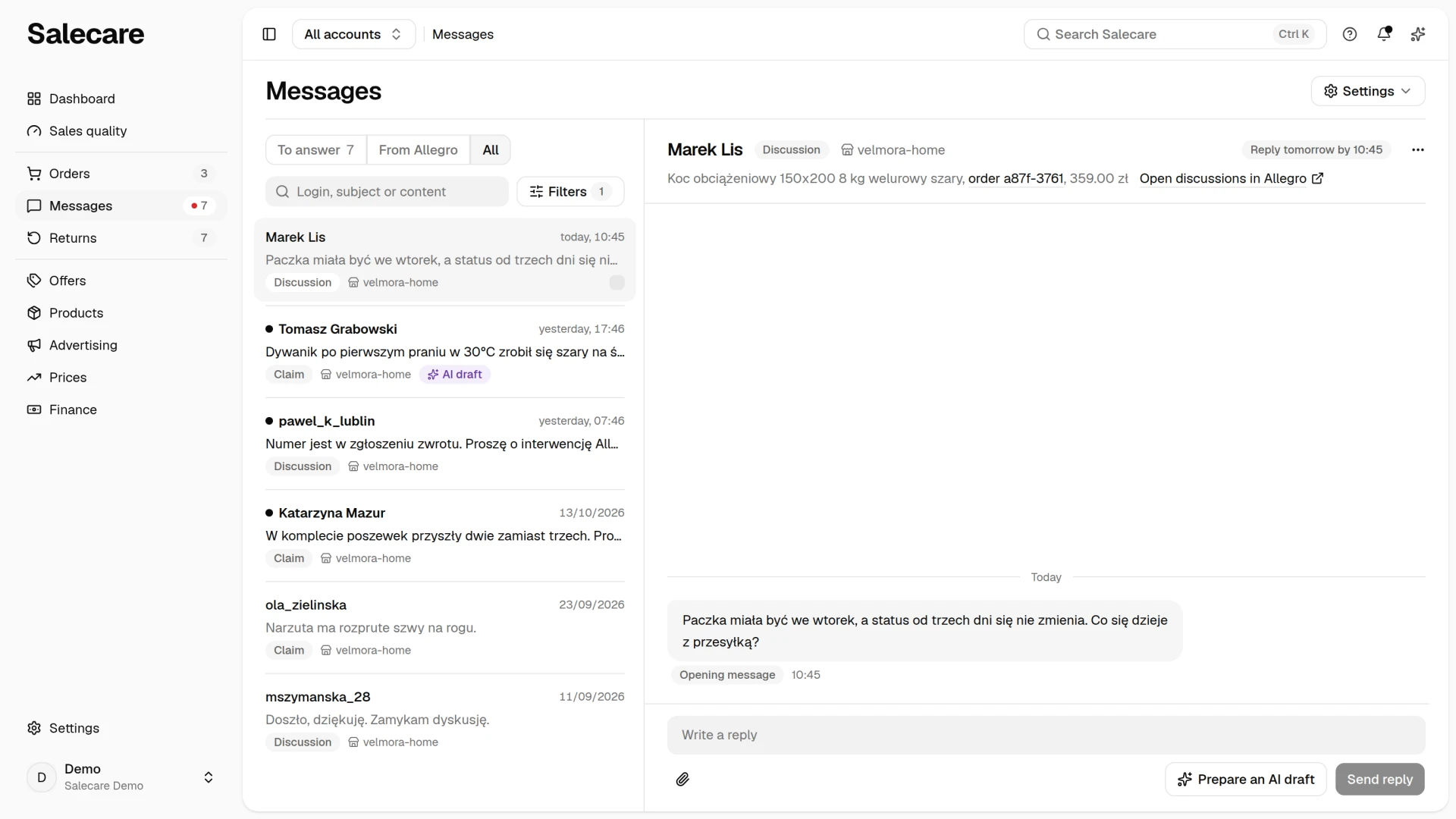Messages with the case list on the left and an open conversation on the right