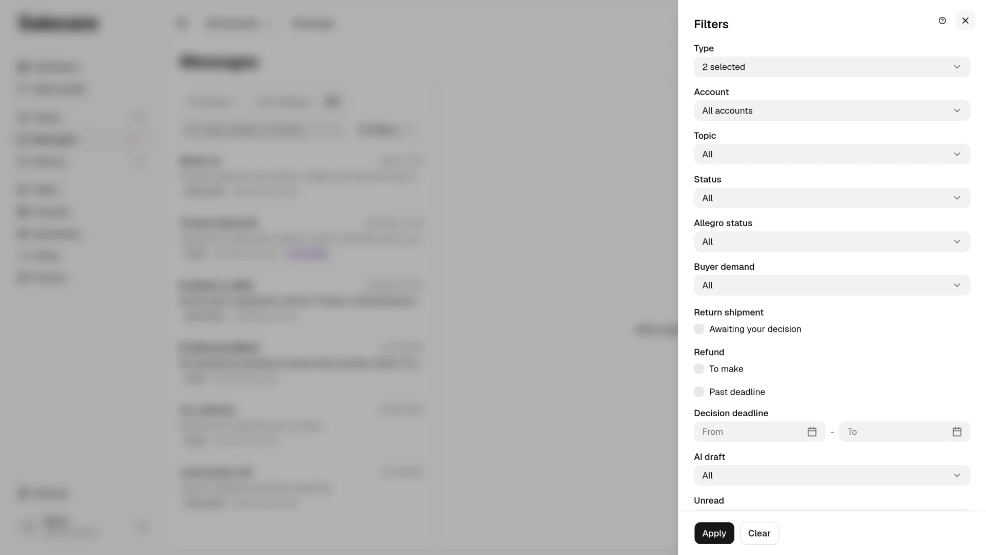 The Filters panel above the message list with the case criteria