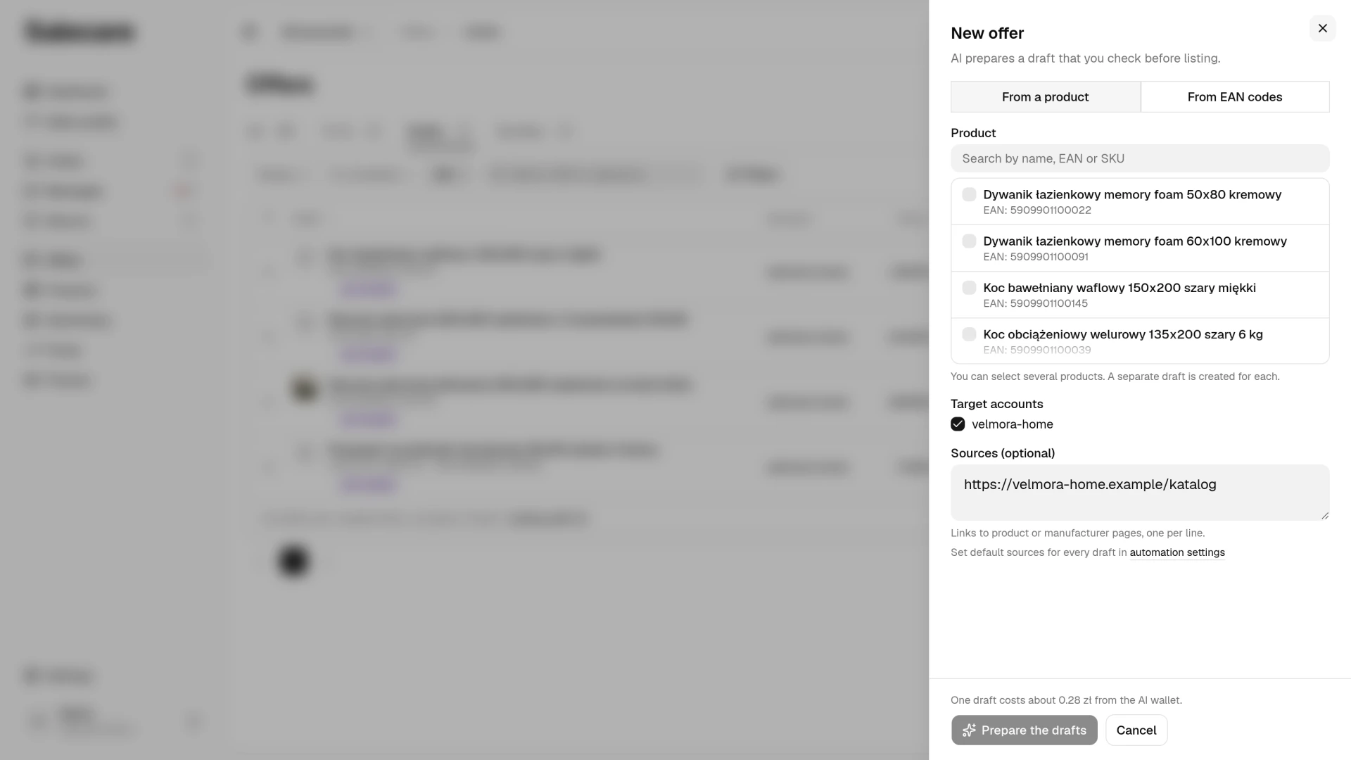 The New offer window with the choice of a product or EAN codes and the sources field