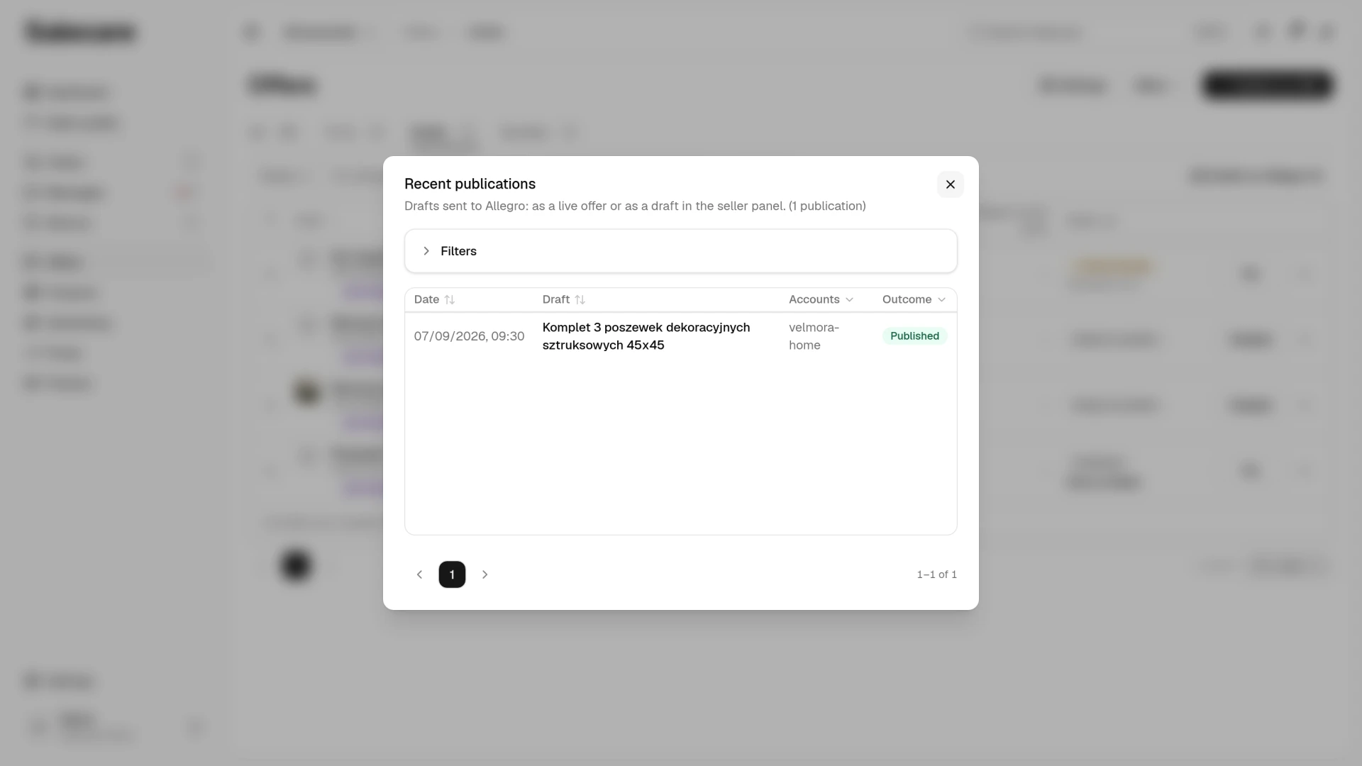 The Recent publications dialog on the draft list