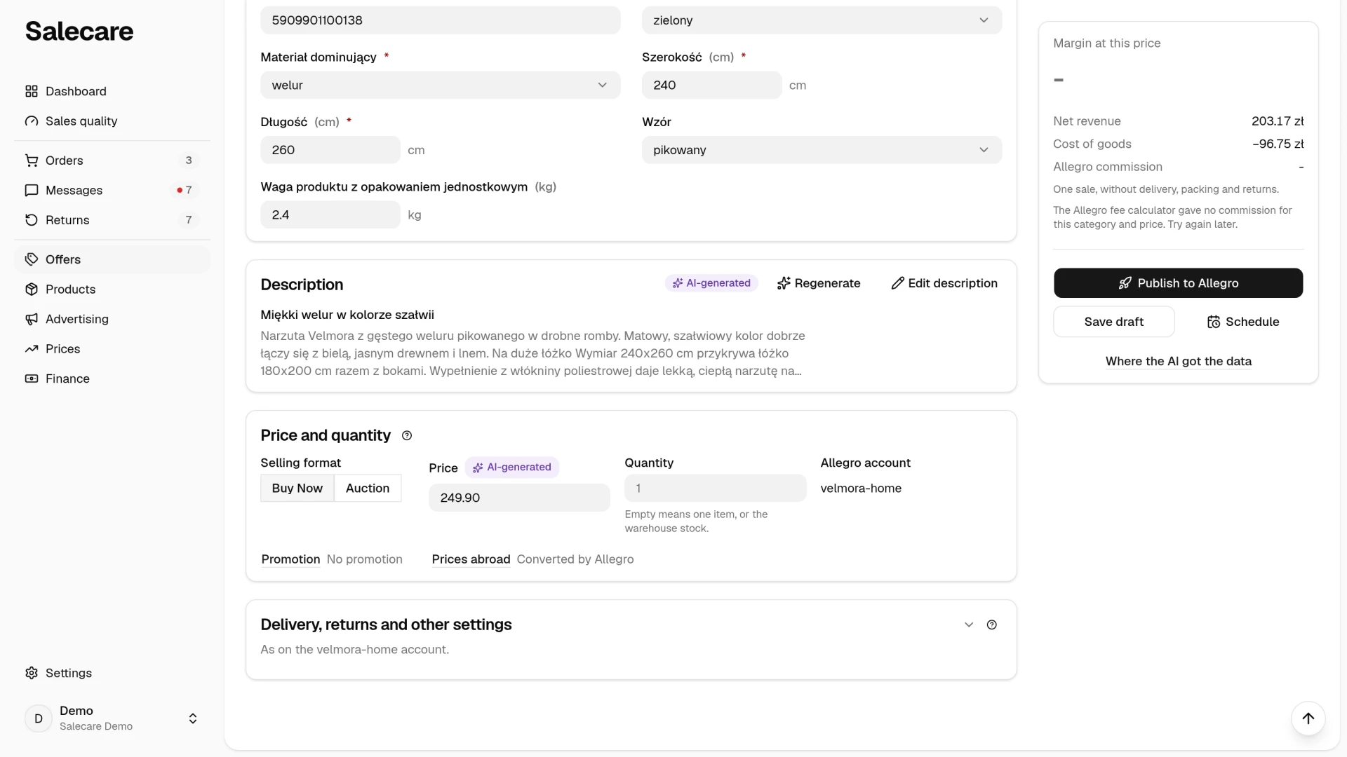 The Allegro account field in the Price and quantity section of a draft with an account picked