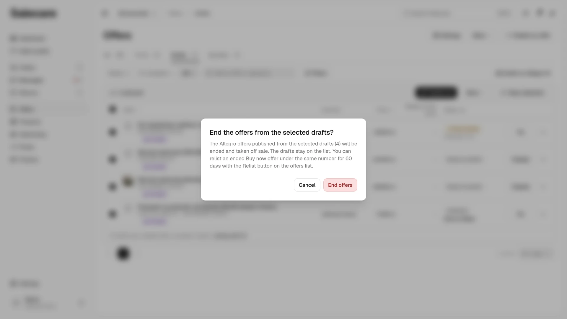 The confirmation dialog for ending offers in bulk for the selected drafts