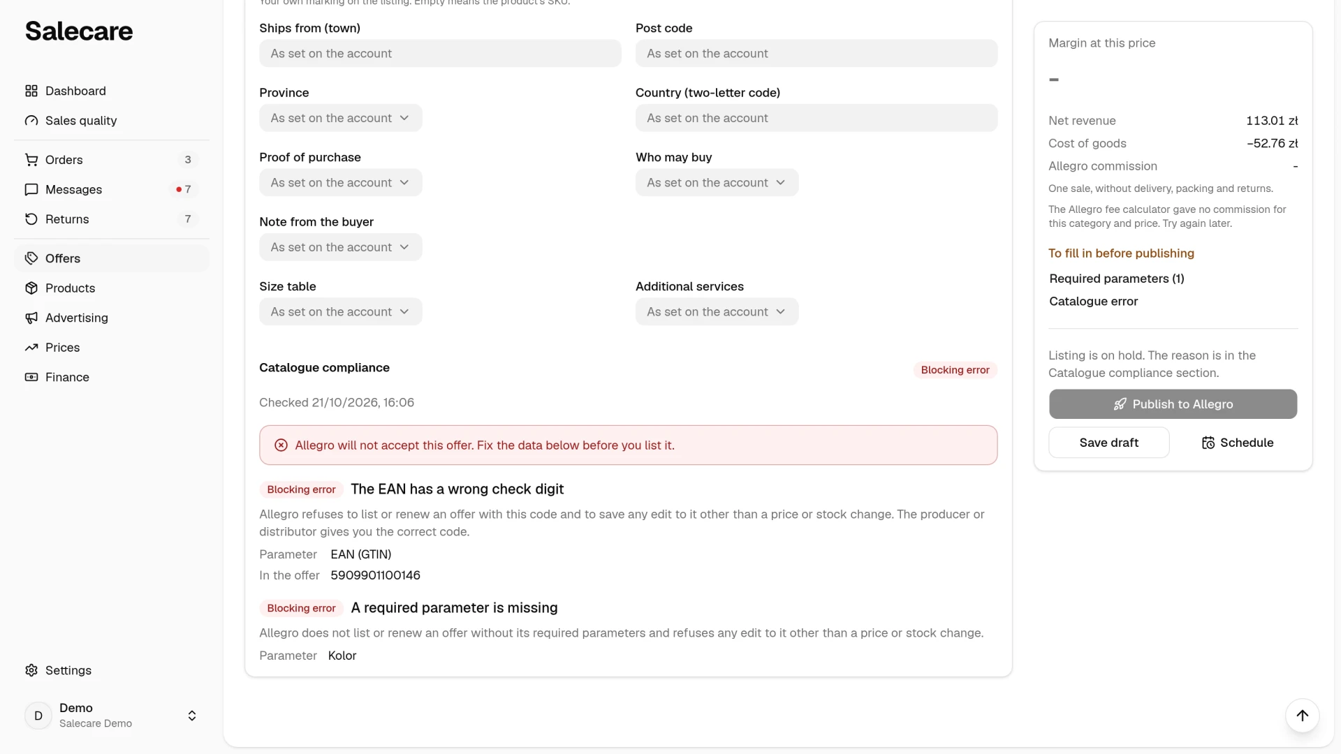 The Catalogue compliance section of a draft with two blocking errors and the inactive "Publish to Allegro" button