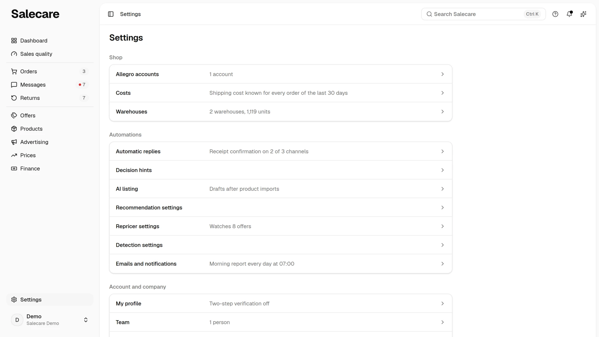 The Settings page with the Shop, Automations, Account and company, and Integrations groups