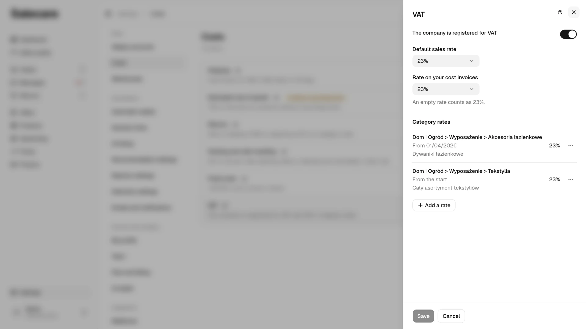 The VAT panel on the Costs page