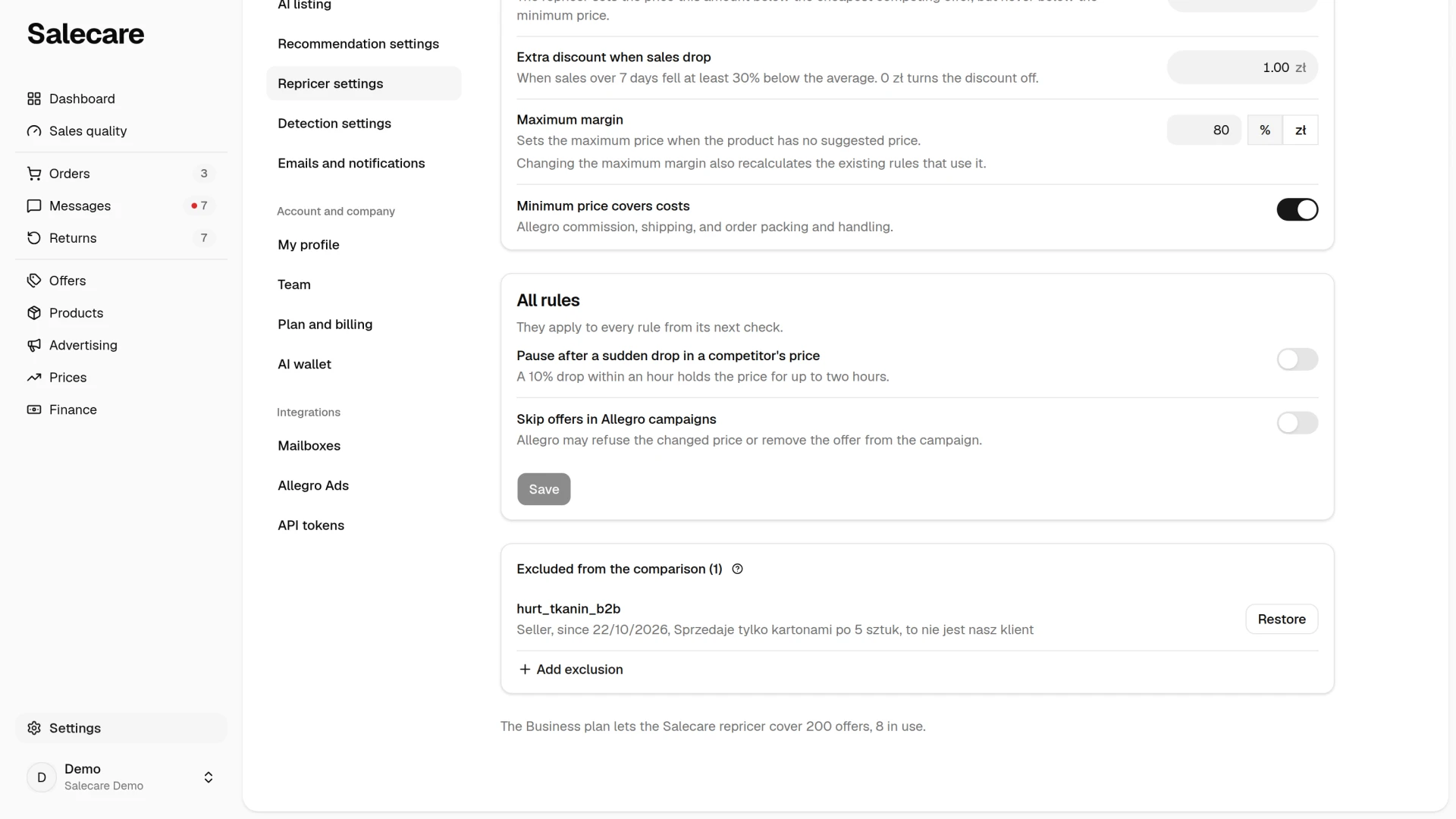 The "Excluded from the comparison" list on the Repricer settings page, with the form and a list holding one excluded seller