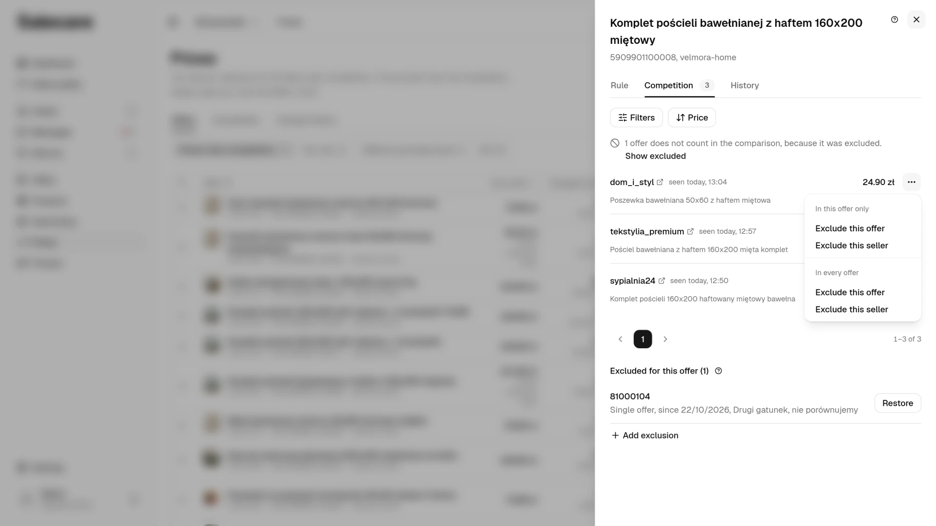 The row menu open with "Exclude this offer" and "Exclude this seller", next to the login and listing title