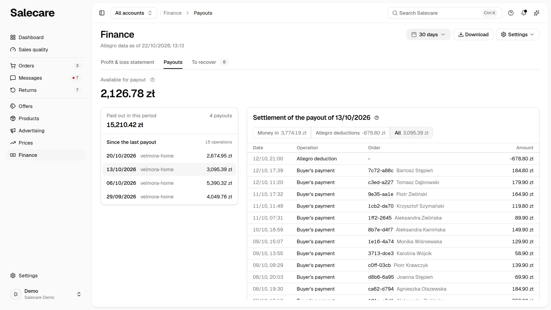 The Payouts tab with a payout picked in the list on the left and its settlement on the right