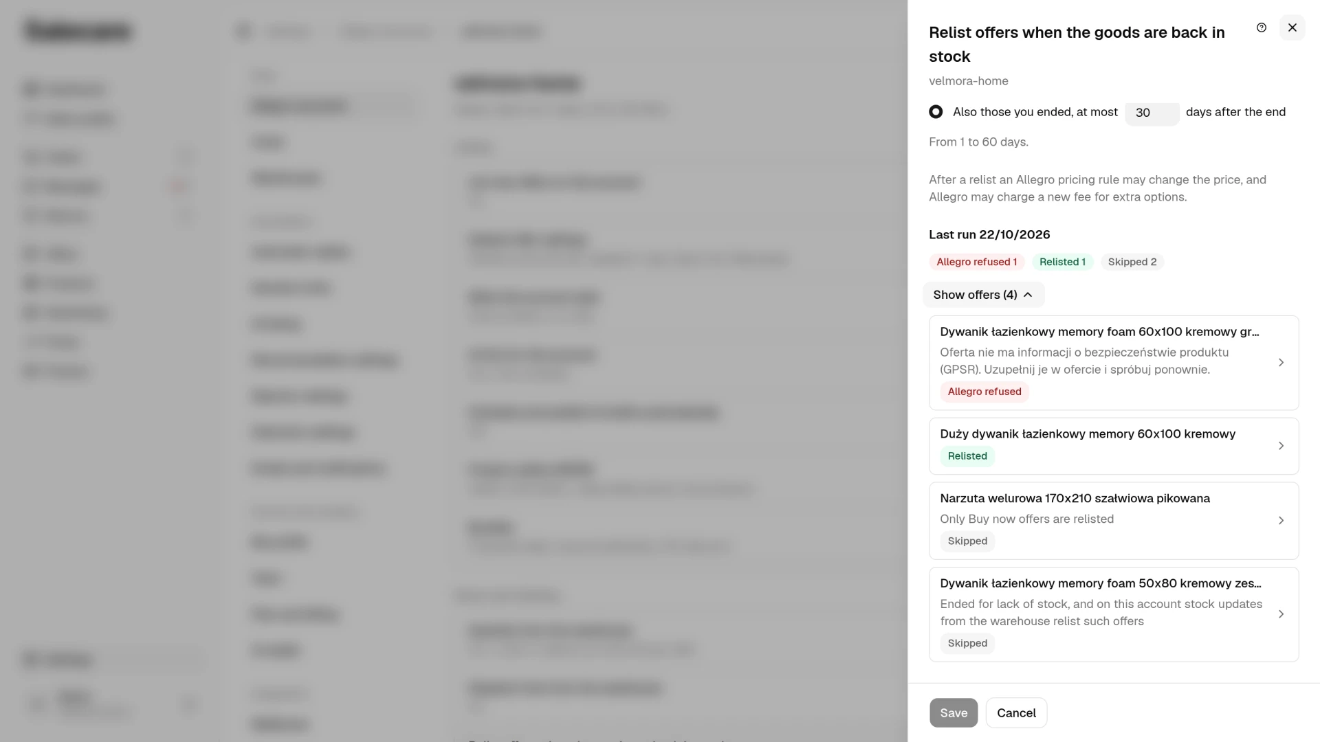 The last relisting run with its counts, an Allegro refusal with its reason on top, then relisted and skipped offers
