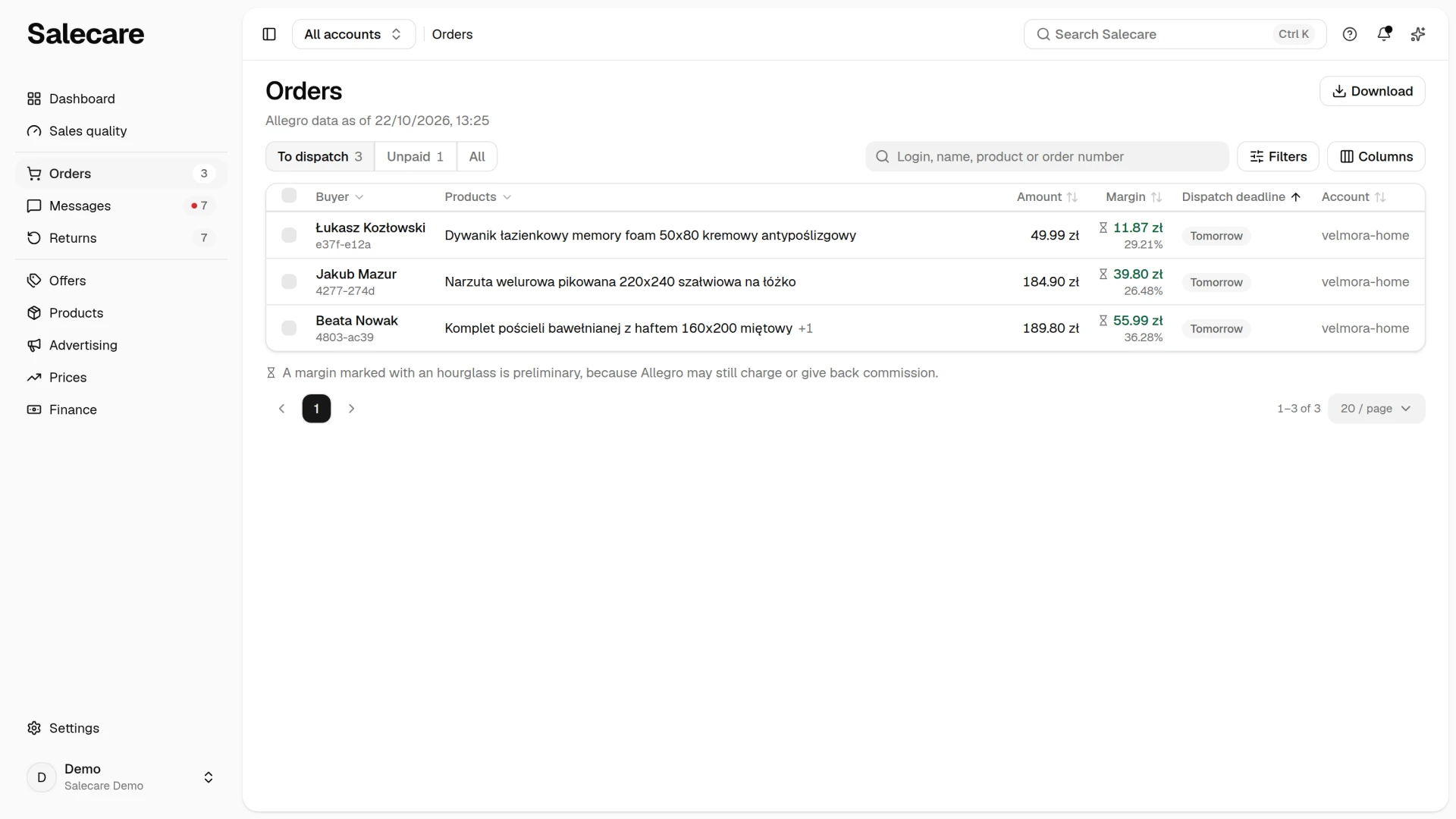 The order list with statuses and settlement