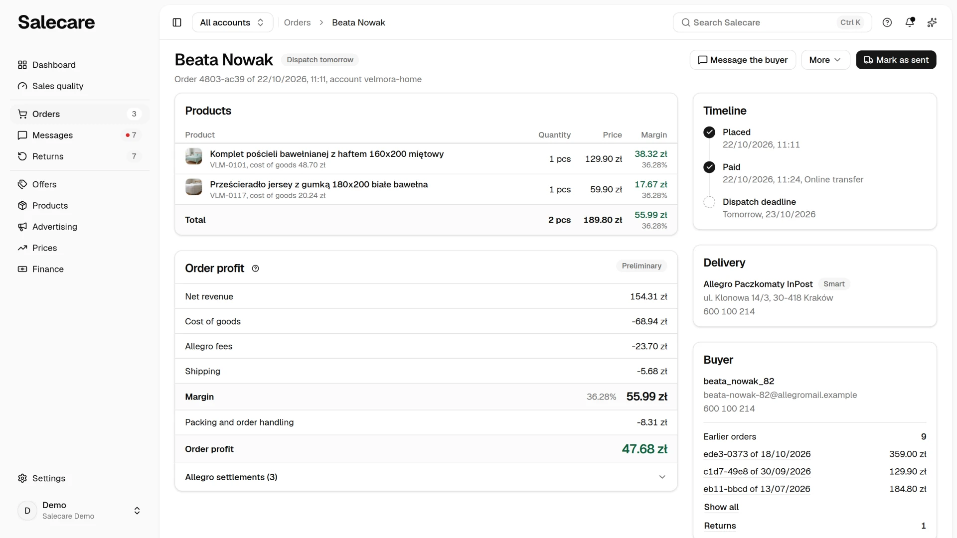 The order page with the margin, the timeline and the buyer card