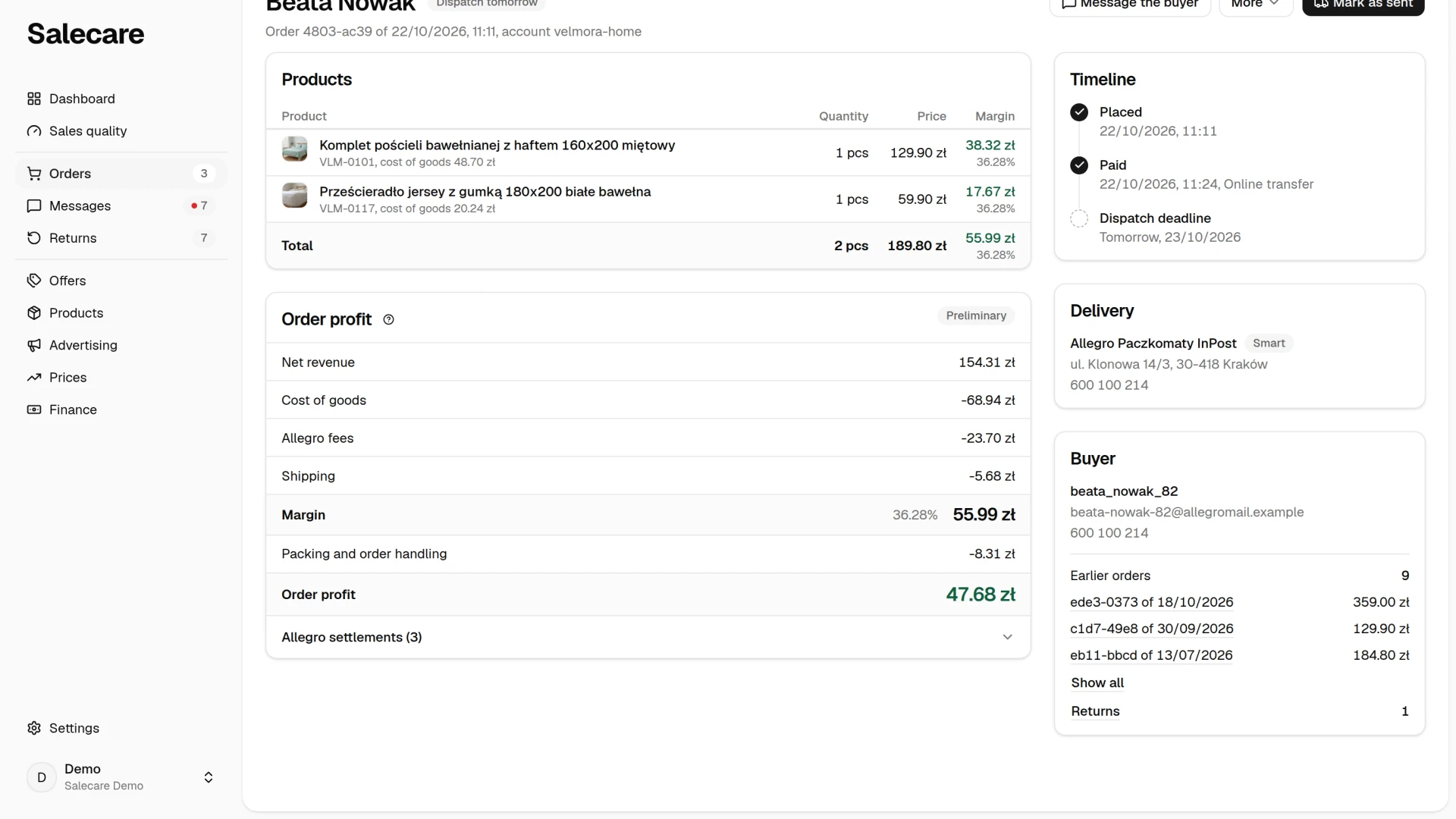 The Buyer card on the order page with earlier orders, discussions and returns
