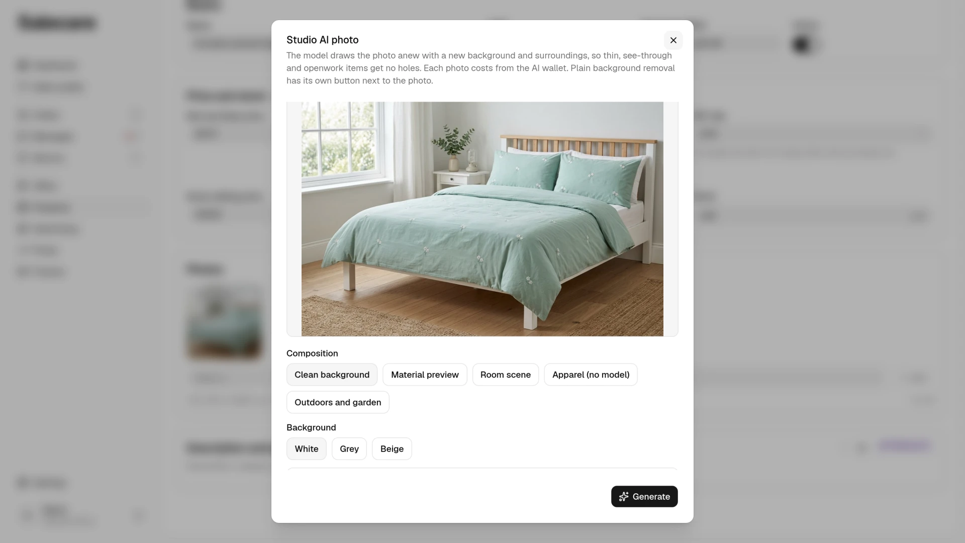 The Studio AI window with the choice of composition and background for a product photo