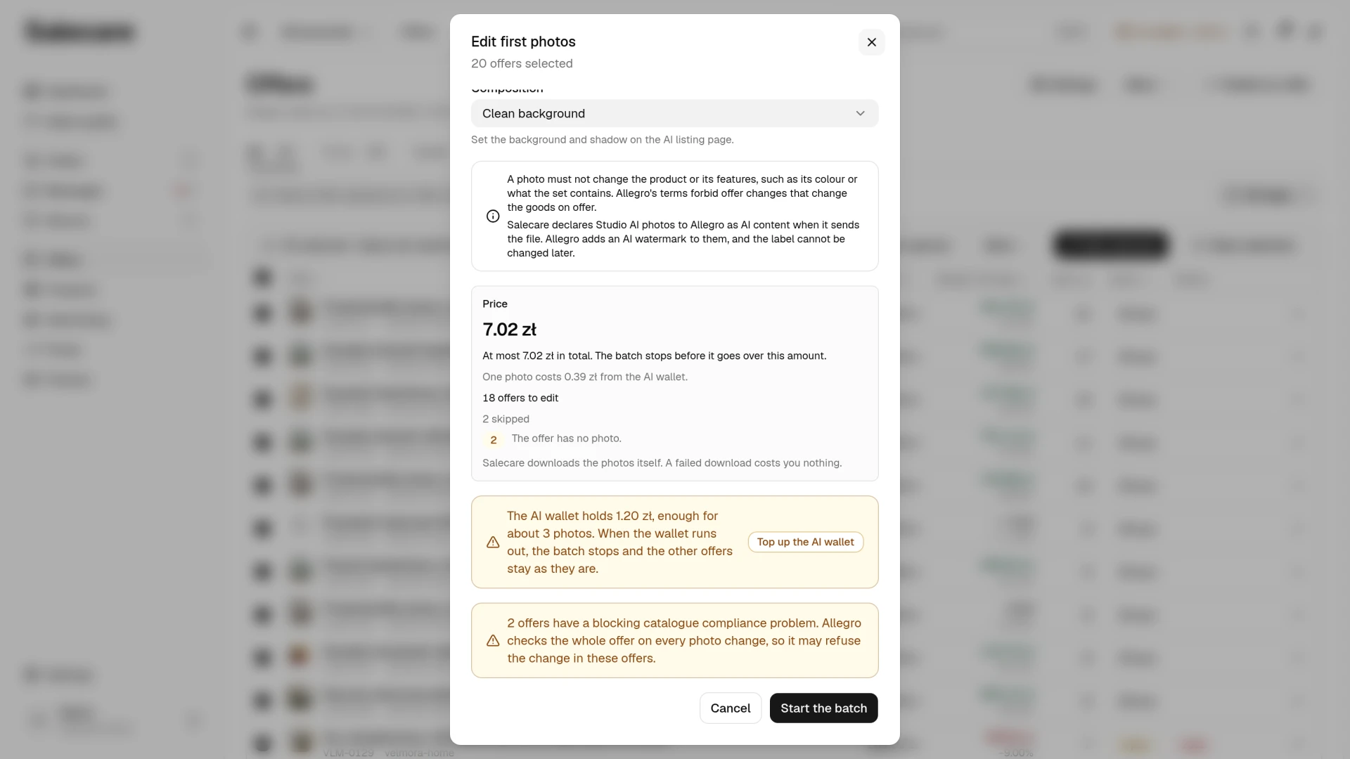 The price in the photo edit window with the offers to edit, the skipped ones and a banner saying the AI wallet covers only part of the batch