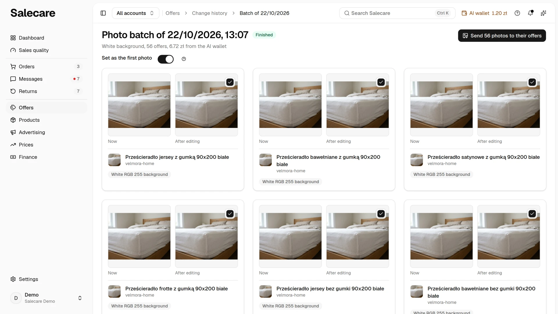 The header of a batch page with the send button counting the photos, and the line with the place in the gallery and the "Set as the first photo" switch