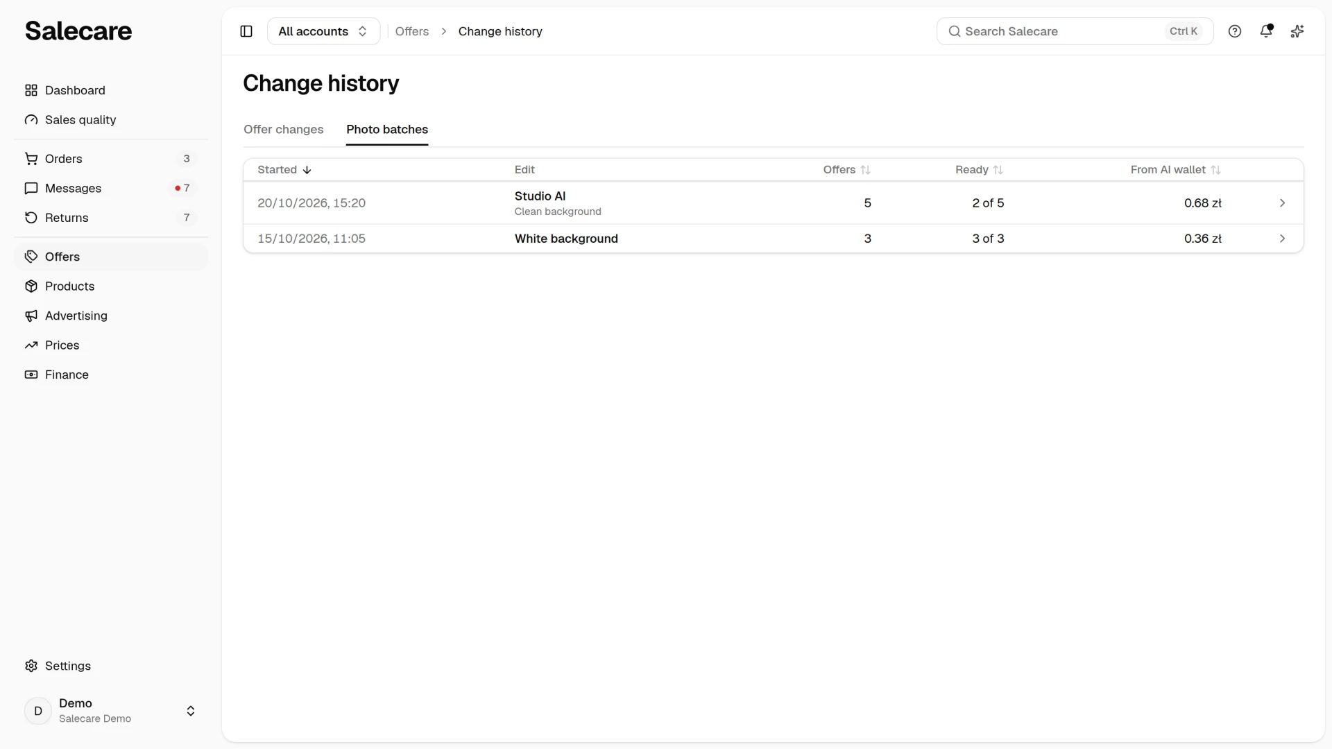 The Photo batches tab with the start date, the type of edit, the number of offers, the number of ready results and the amount from the AI wallet