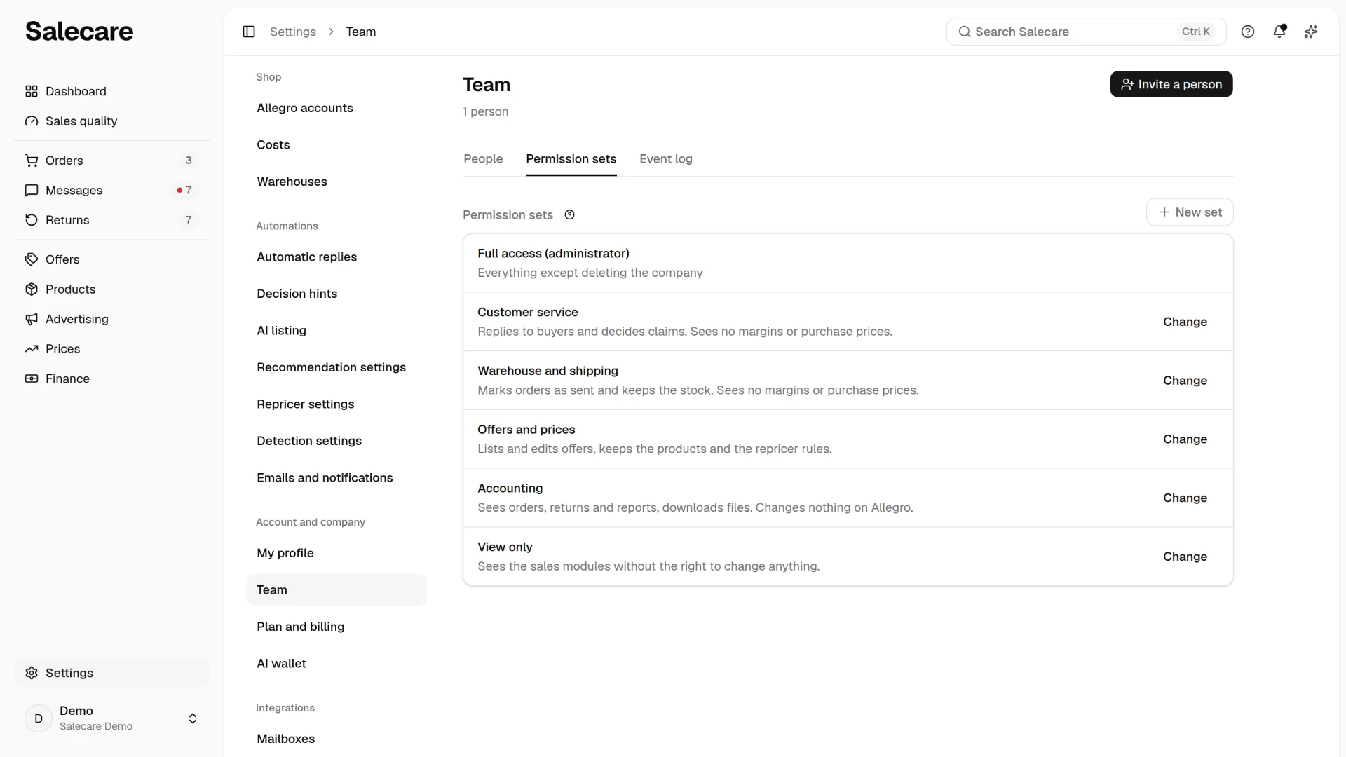 The Permission sets tab with the ready-made sets and the New set button