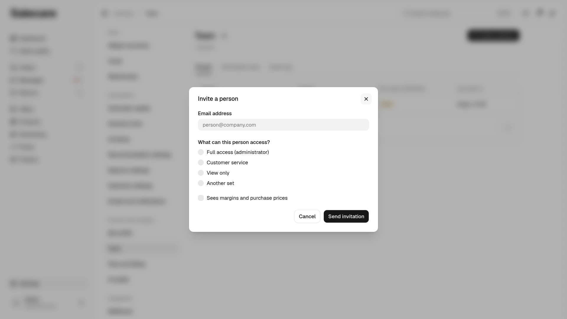 The "Invite a person" dialog with the email address and the access choice