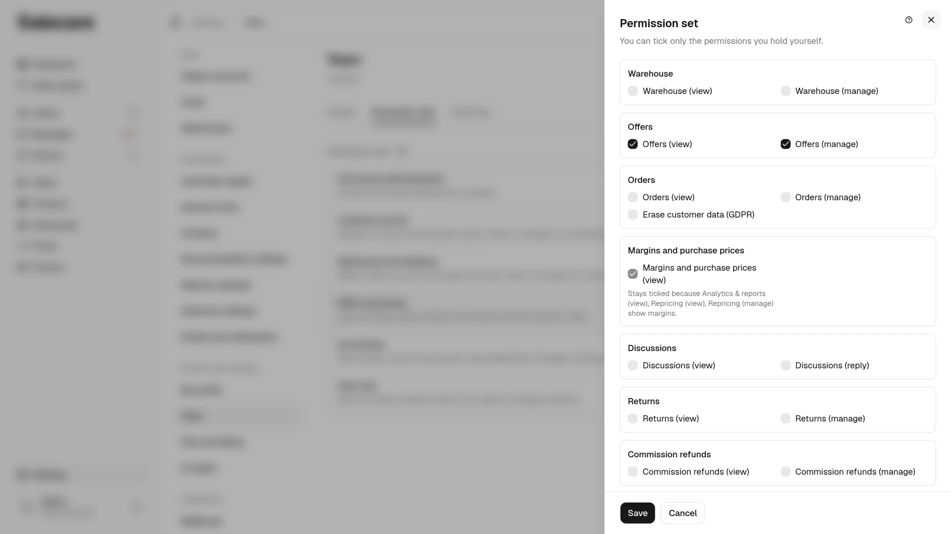 The Permission set panel of the Offers and prices ready-made set, with Margins and purchase prices (view) ticked along with Analytics & reports and Repricing